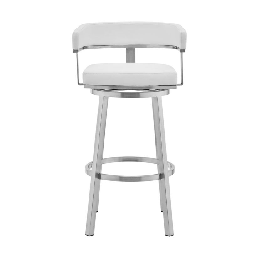 Lorin 26" White Faux Leather and Brushed Stainless Steel Swivel Bar Stool