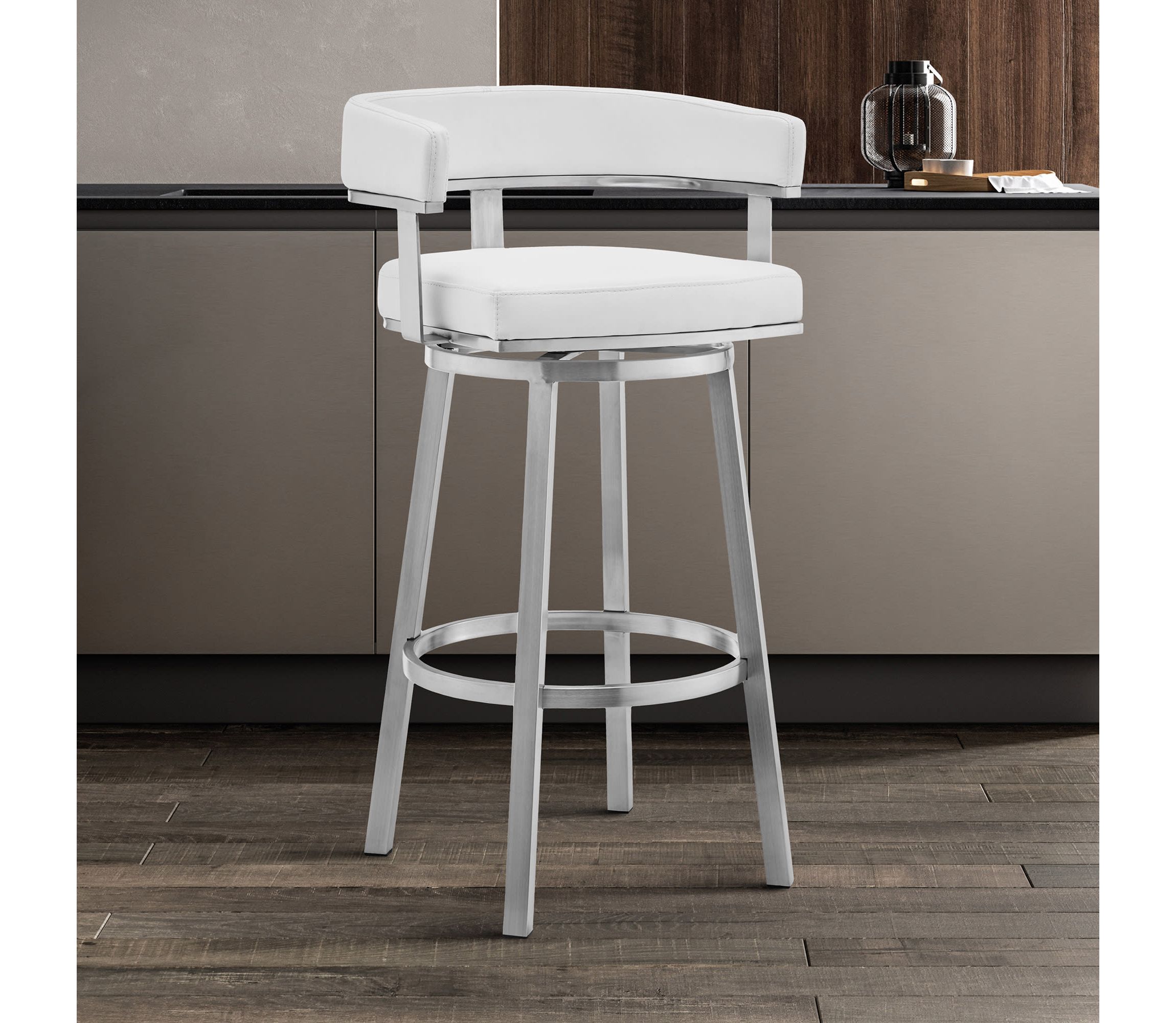 Lorin 26" White Faux Leather and Brushed Stainless Steel Swivel Bar Stool