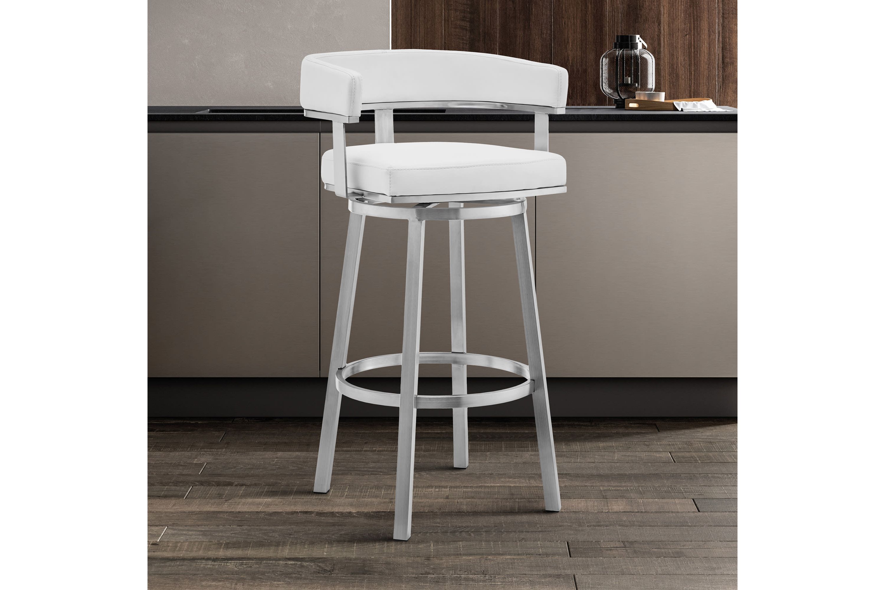 Lorin 26" White Faux Leather and Brushed Stainless Steel Swivel Bar Stool