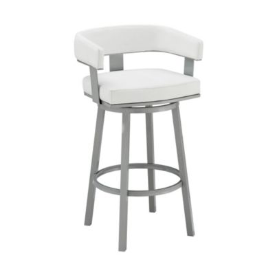 Armen Living Lorin 26" Counter Height Swivel Bar Stool in Silver Finish with White Faux Leather