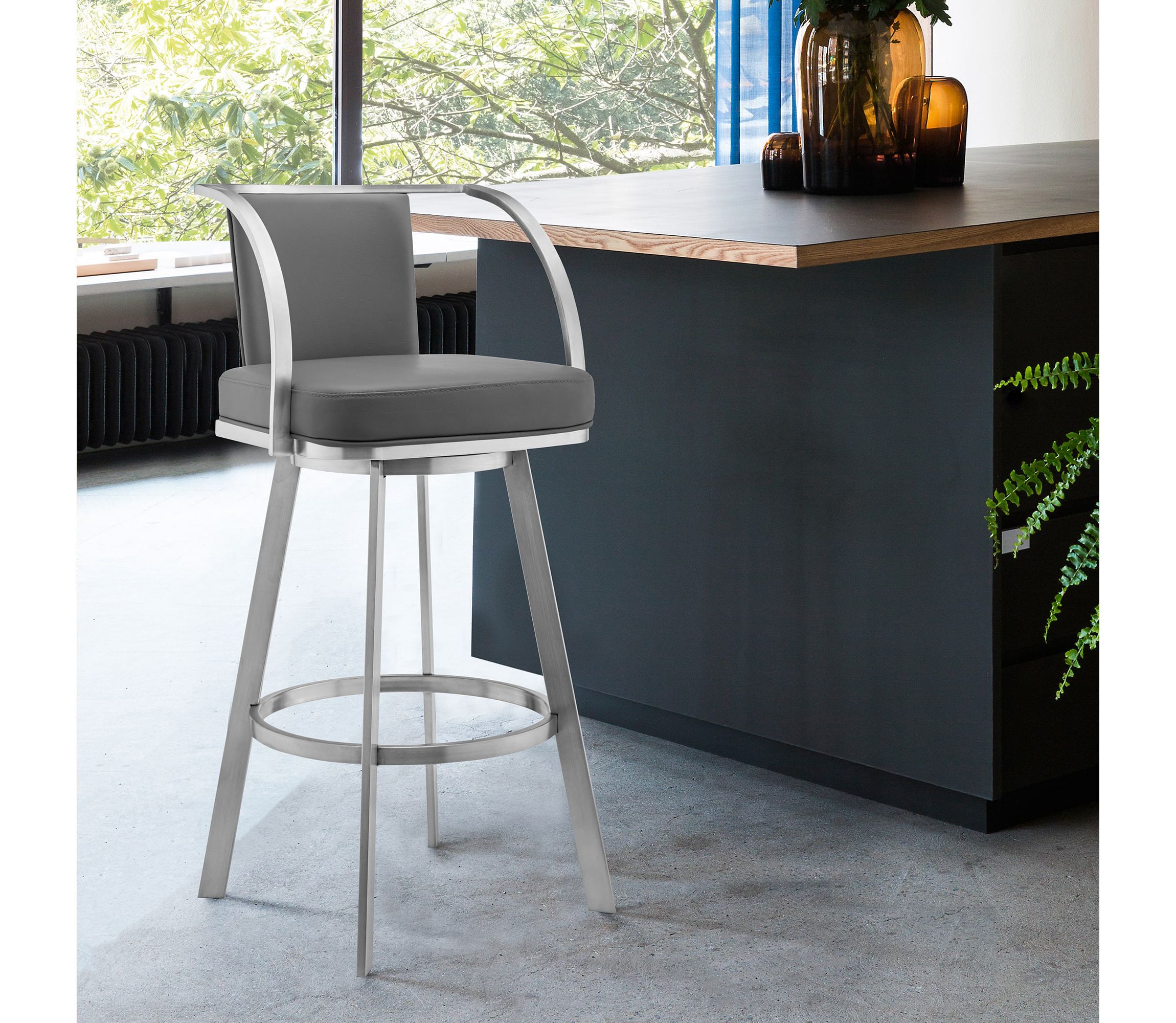 Livingston 30" Gray Faux Leather and Brushed Stainless Steel Swivel Bar Stool