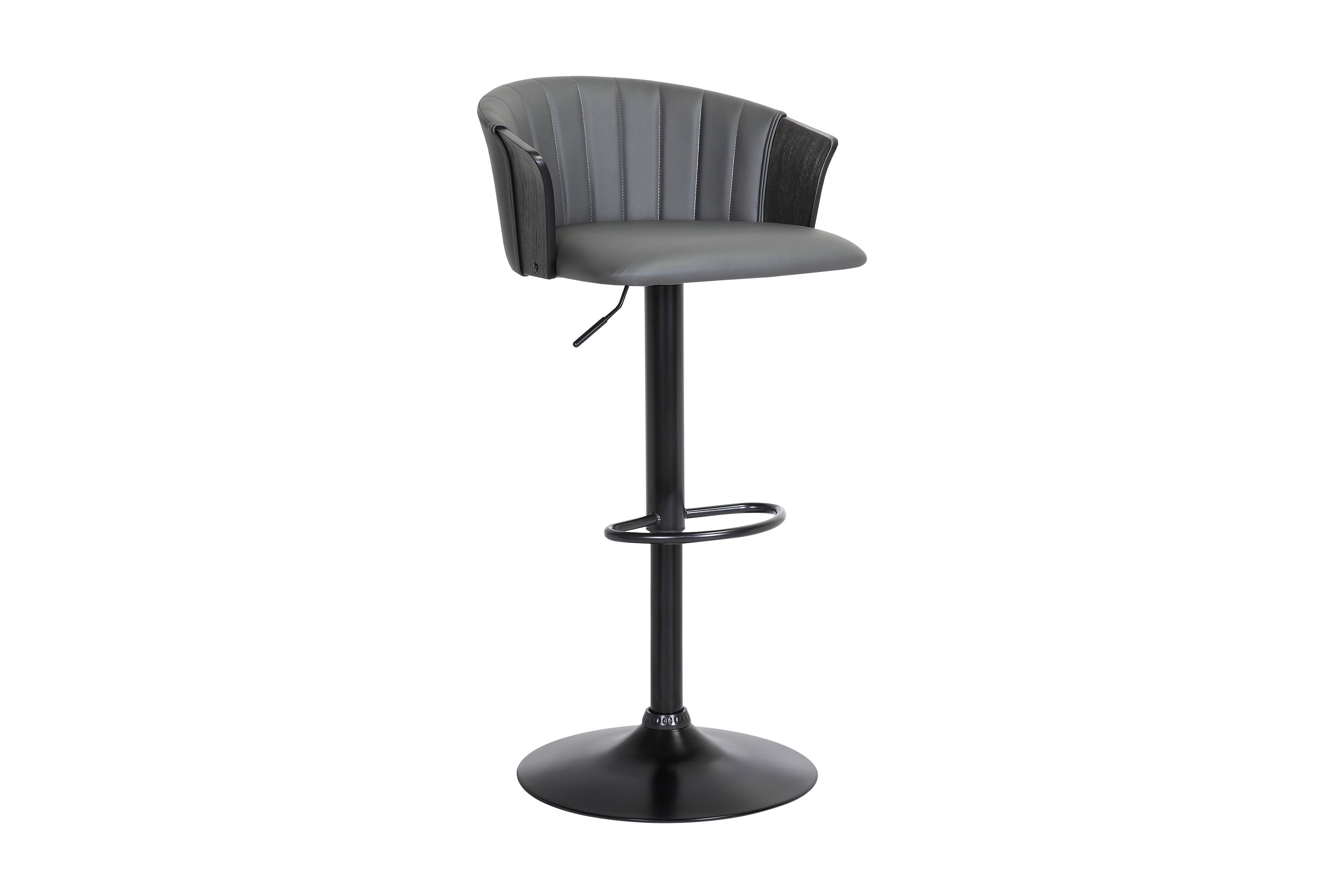 Lydia Adjustable Black Wood Bar Stool in Gray Faux Leather with Black Metal