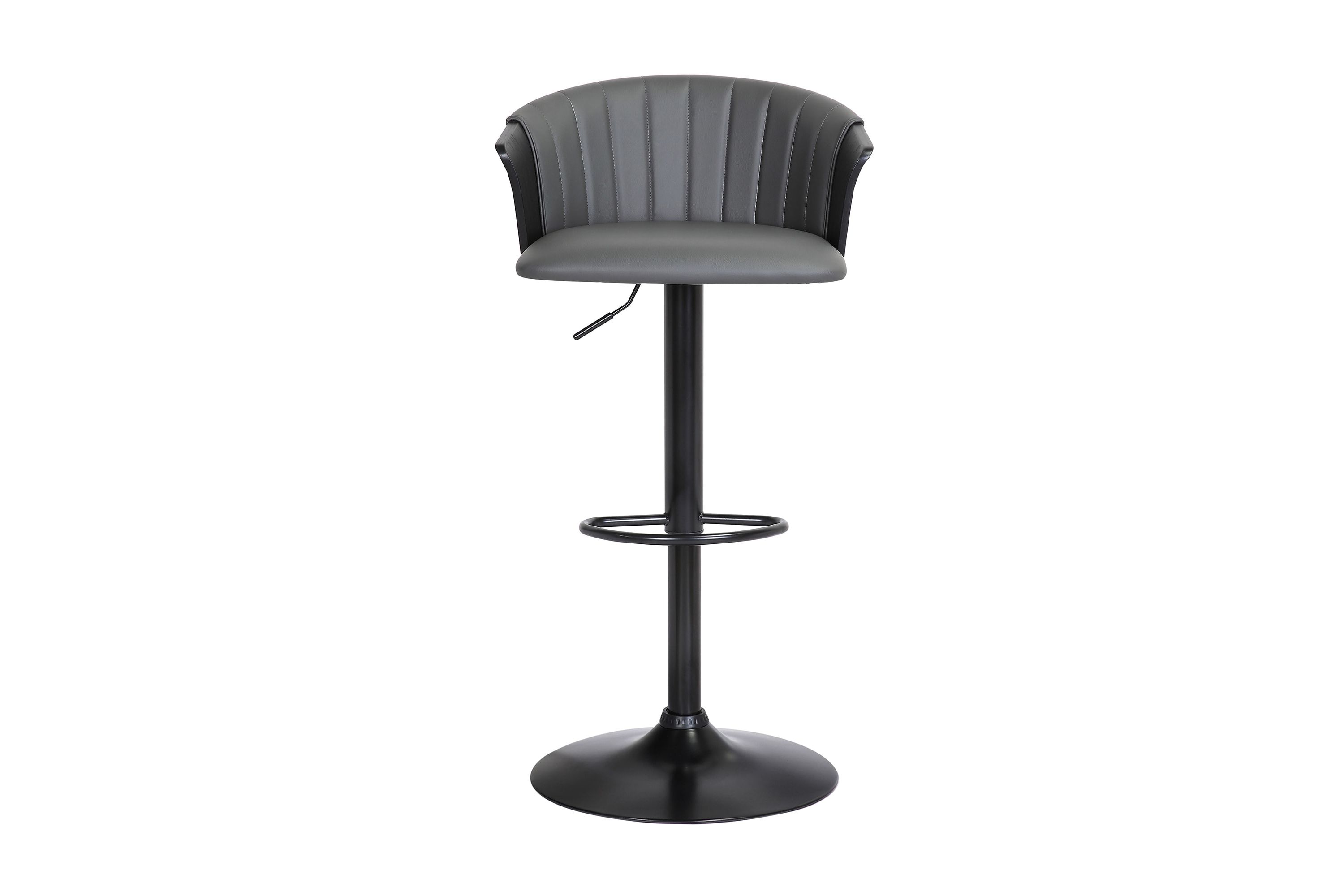 Lydia Adjustable Black Wood Bar Stool in Gray Faux Leather with Black Metal