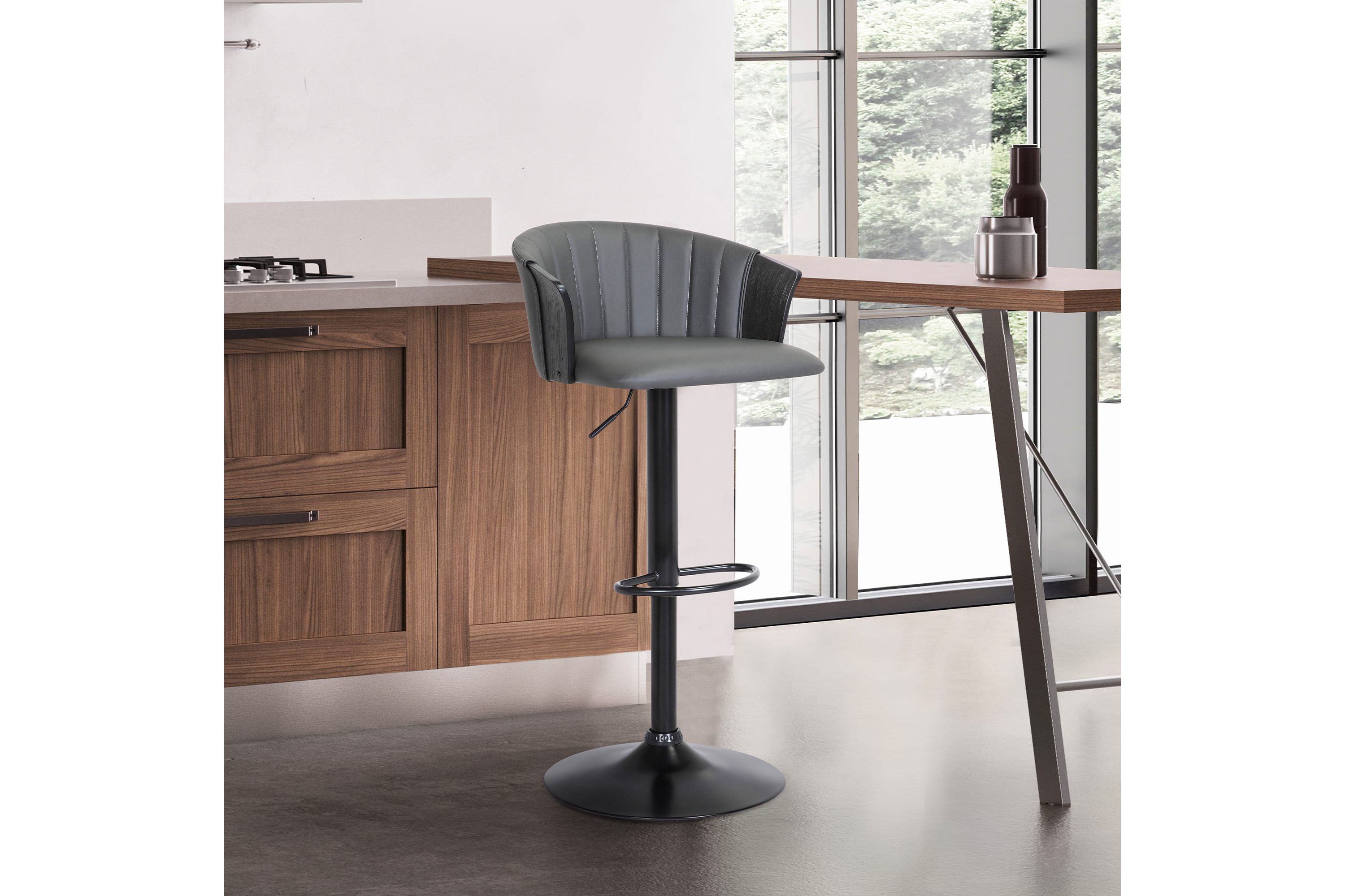 Lydia Adjustable Black Wood Bar Stool in Gray Faux Leather with Black Metal
