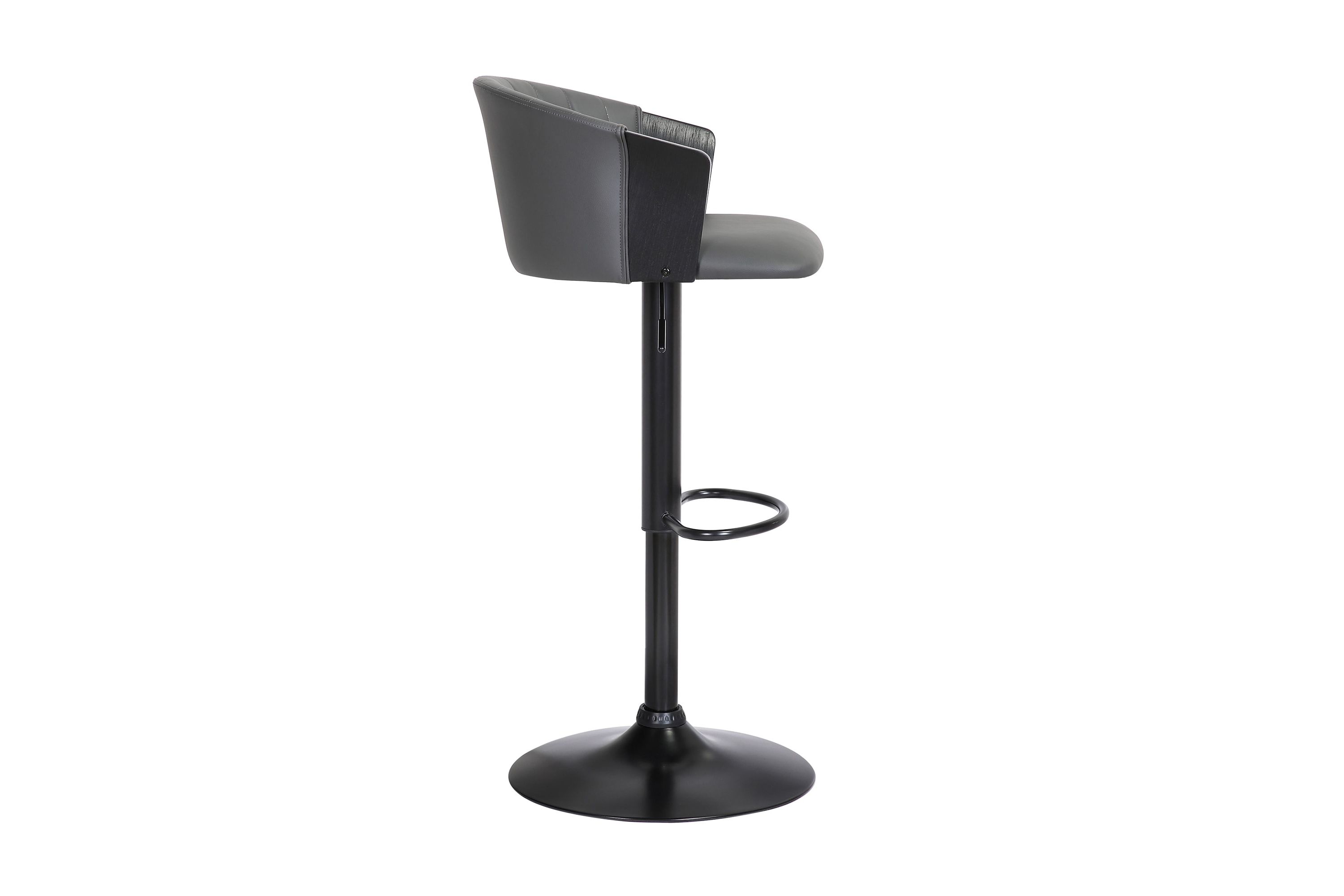 Lydia Adjustable Black Wood Bar Stool in Gray Faux Leather with Black Metal
