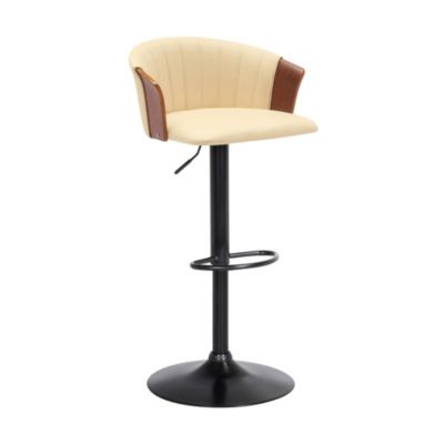 Armen Living Lydia Adjustable Walnut Wood Bar Stool in Cream Faux Leather with Black Metal, White