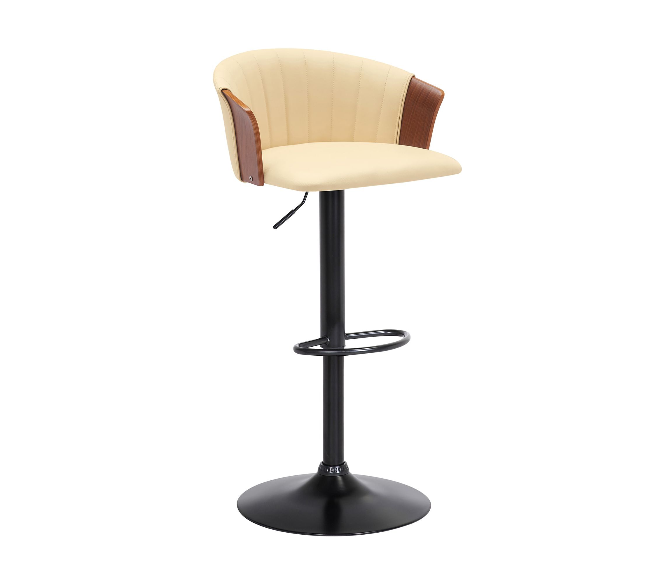 Lydia Adjustable Walnut Wood Bar Stool in Cream Faux Leather with Black Metal