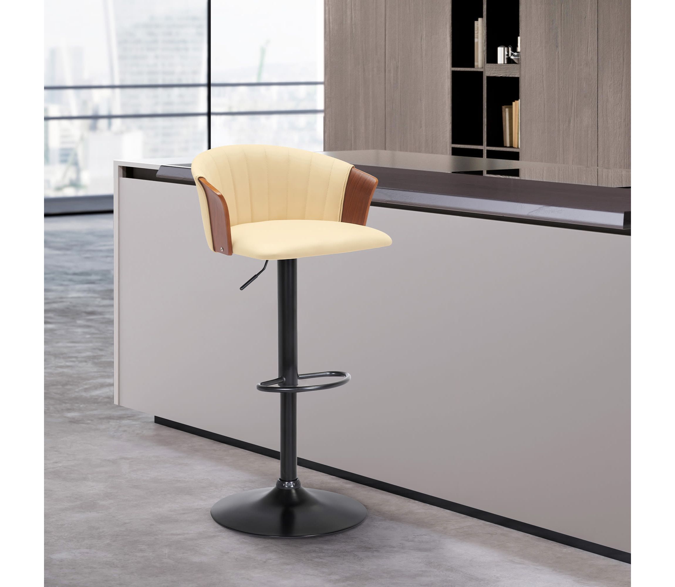 Lydia Adjustable Walnut Wood Bar Stool in Cream Faux Leather with Black Metal