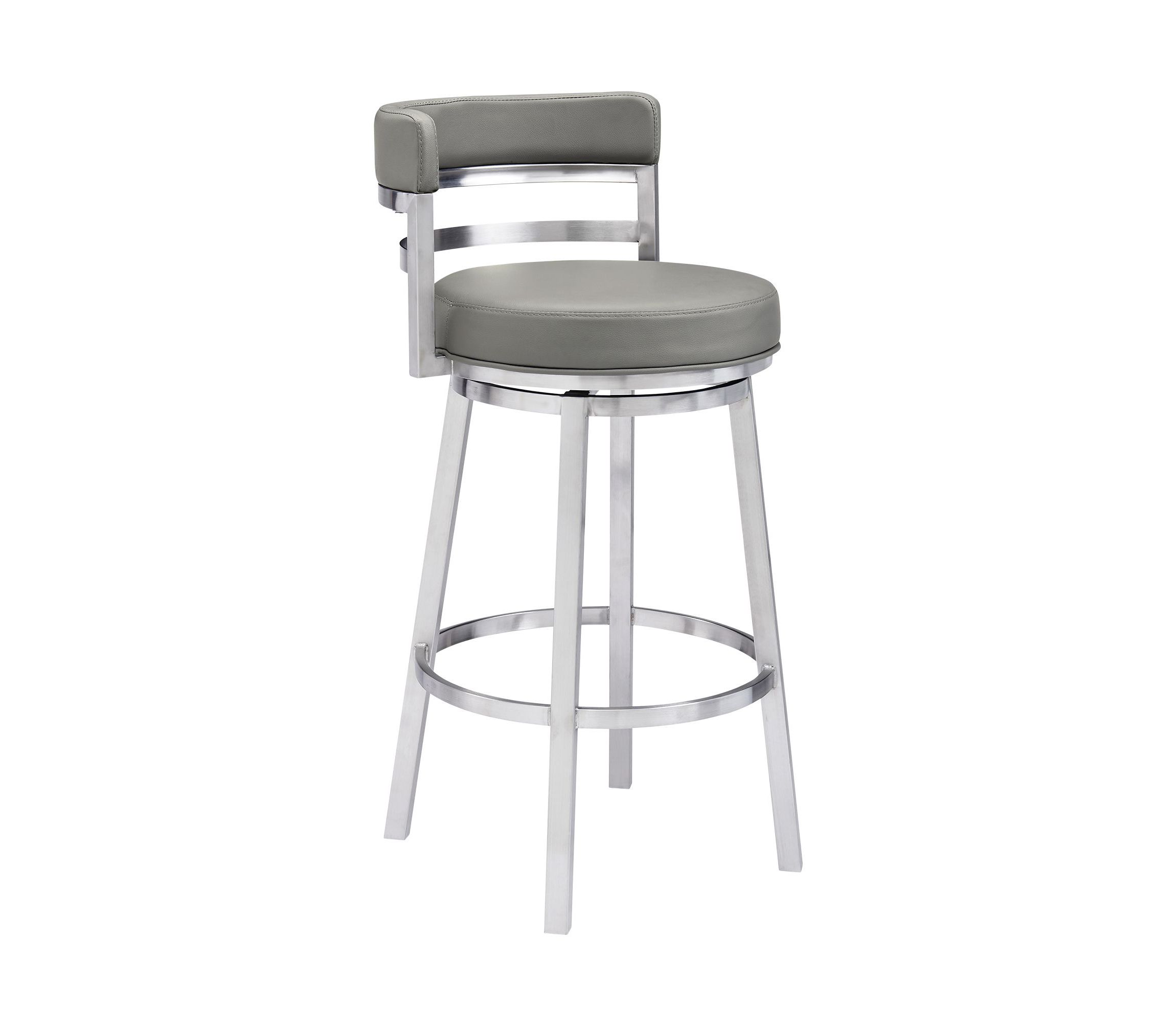 Madrid 30" Bar Height Swivel Grey Faux Leather and Brushed Stainless Steel Bar Stool