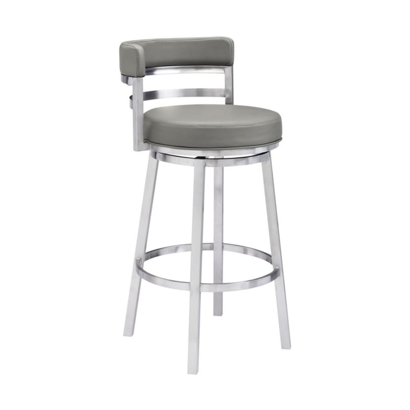 Madrid 30" Bar Height Swivel Grey Faux Leather and Brushed Stainless Steel Bar Stool