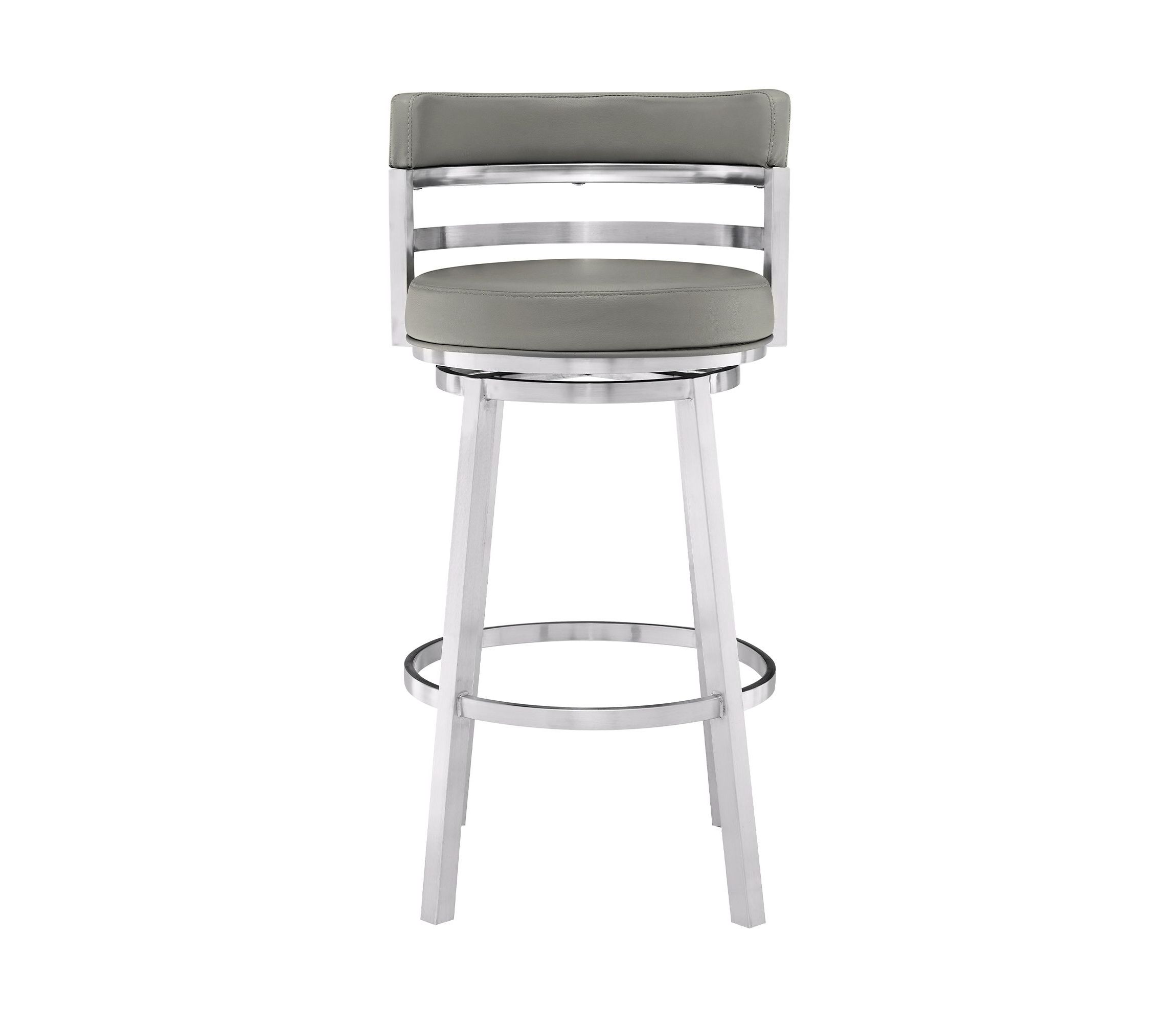 Madrid 30" Bar Height Swivel Grey Faux Leather and Brushed Stainless Steel Bar Stool
