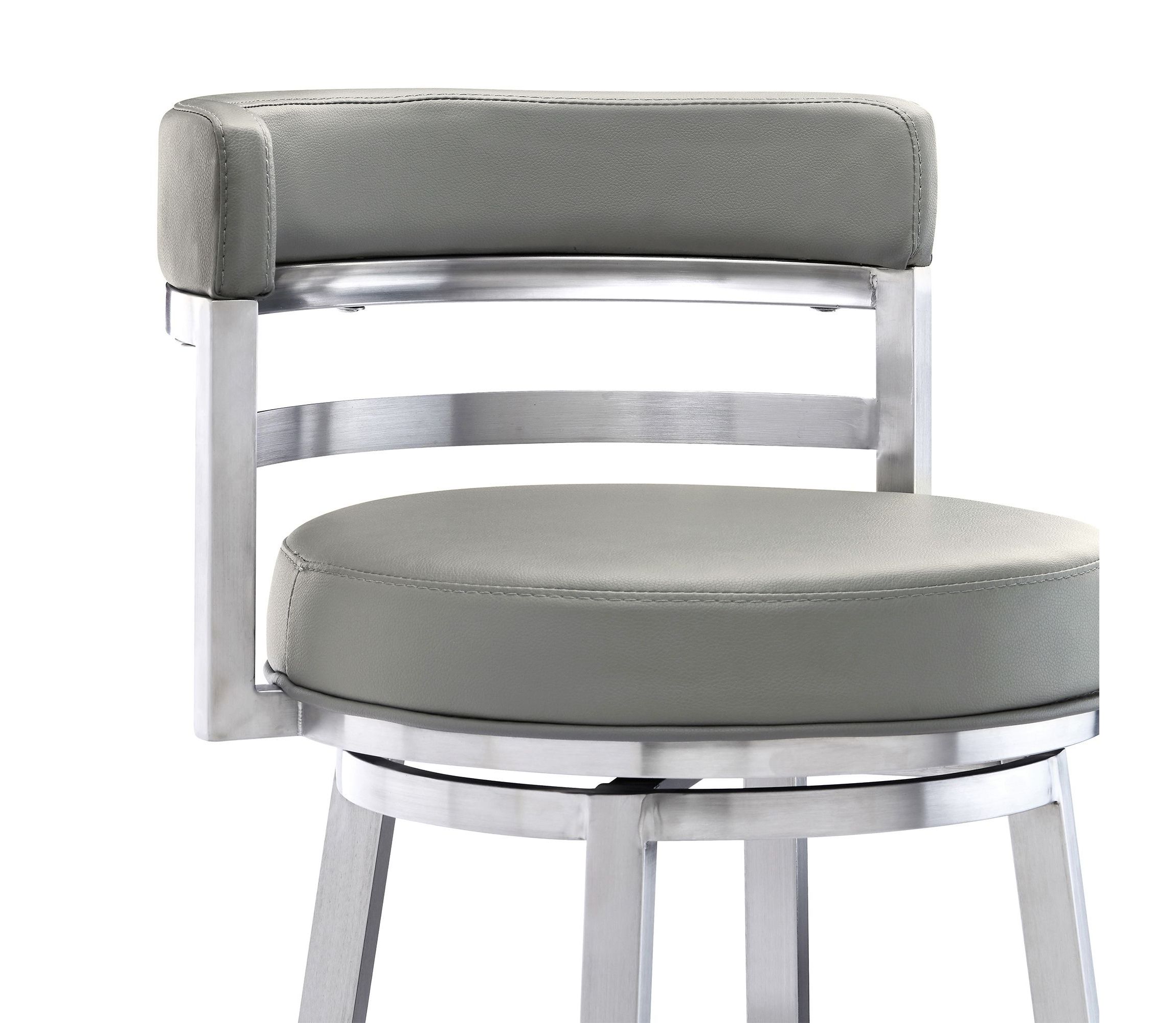 Madrid 30" Bar Height Swivel Grey Faux Leather and Brushed Stainless Steel Bar Stool