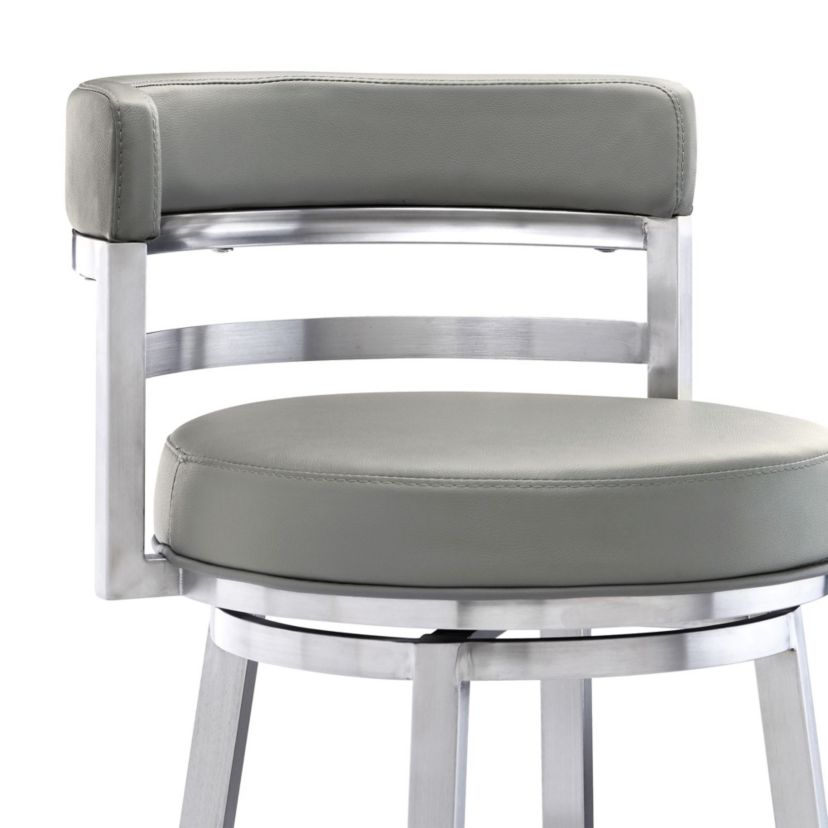 Madrid 30" Bar Height Swivel Grey Faux Leather and Brushed Stainless Steel Bar Stool
