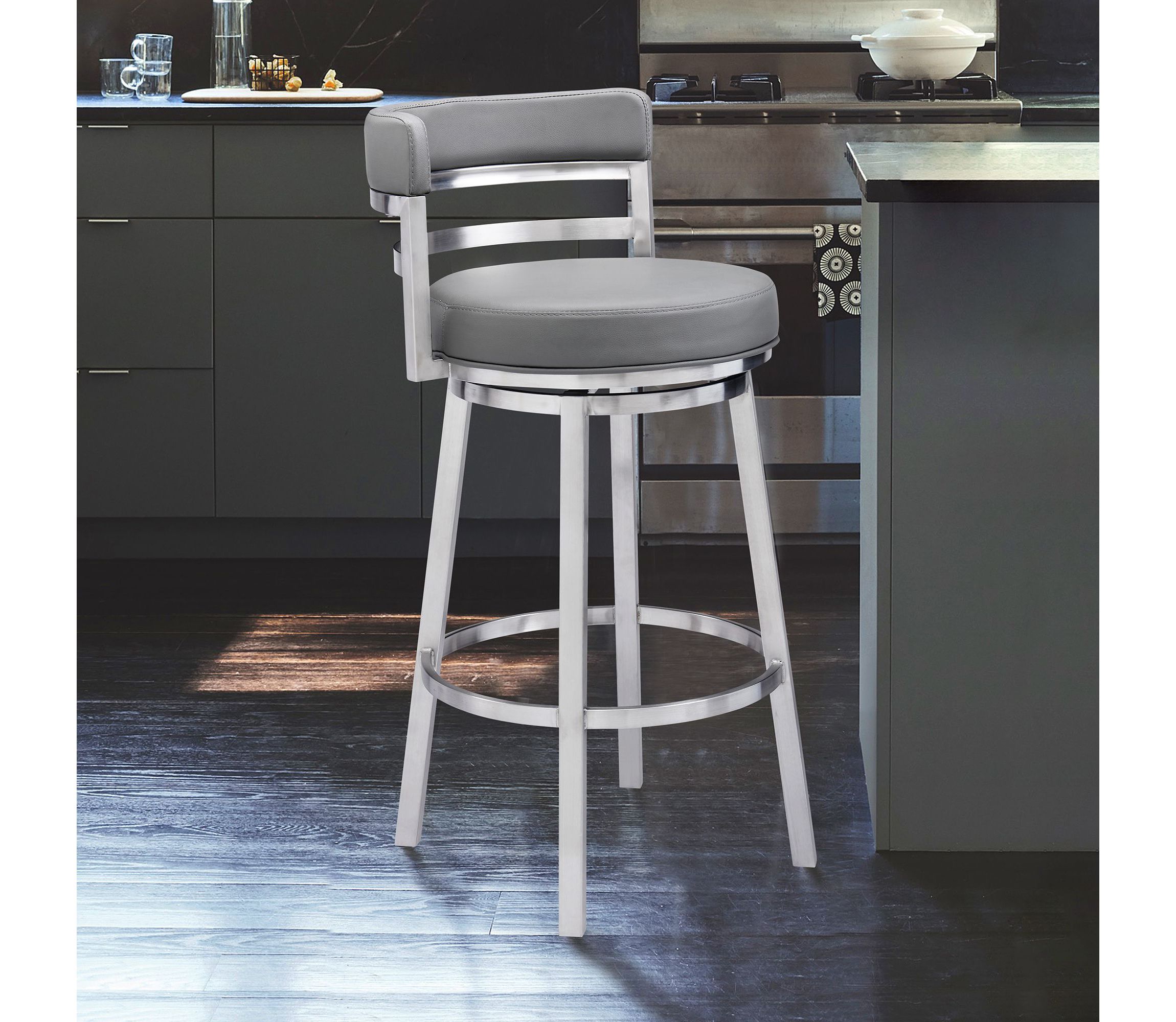 Madrid 30" Bar Height Swivel Grey Faux Leather and Brushed Stainless Steel Bar Stool