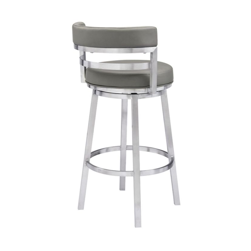 Madrid 30" Bar Height Swivel Grey Faux Leather and Brushed Stainless Steel Bar Stool