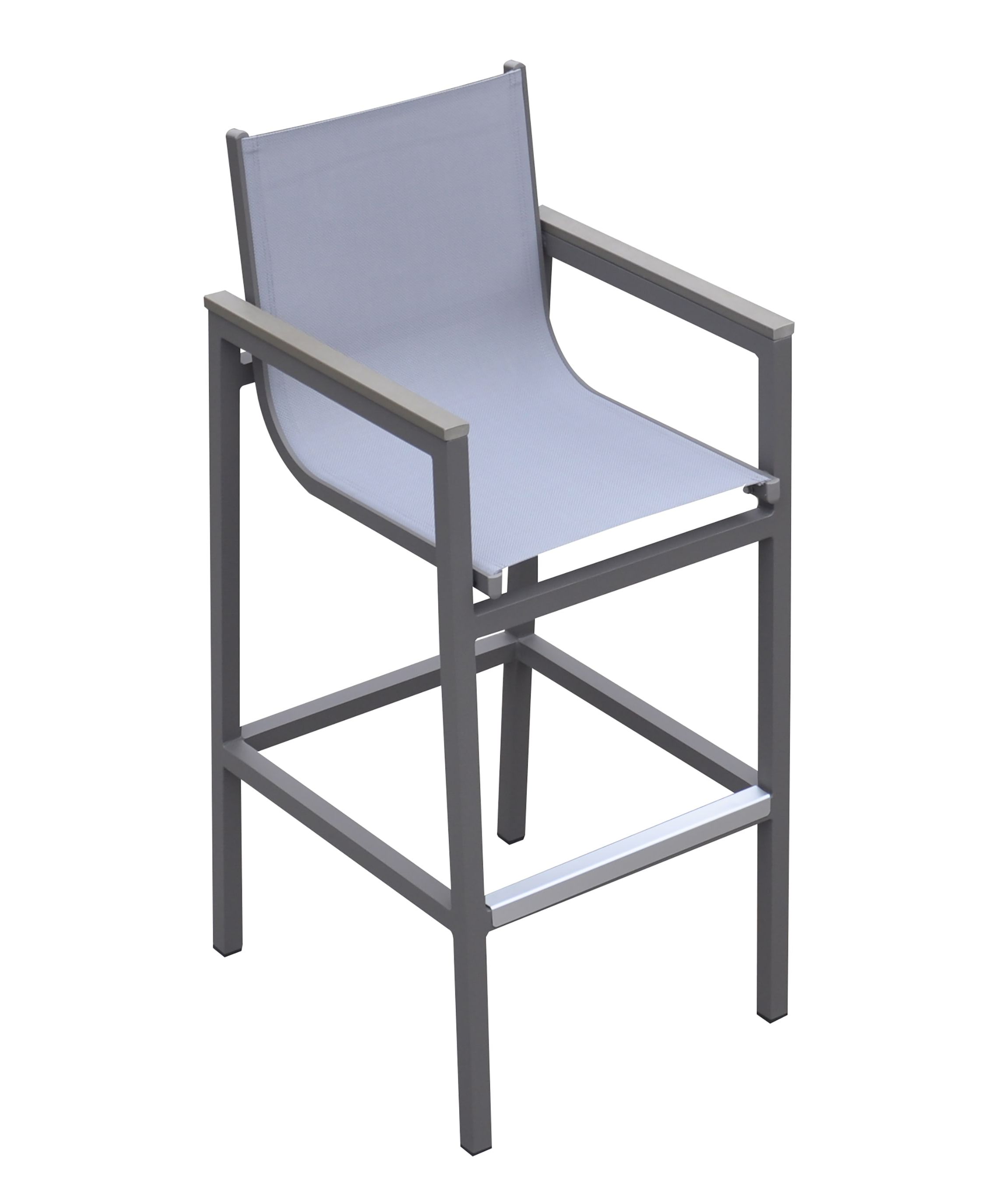 Marina Outdoor Patio Barstool in Gray Powder Coated Finish with Gray Sling Textilene and Gray Wood Accent Arms