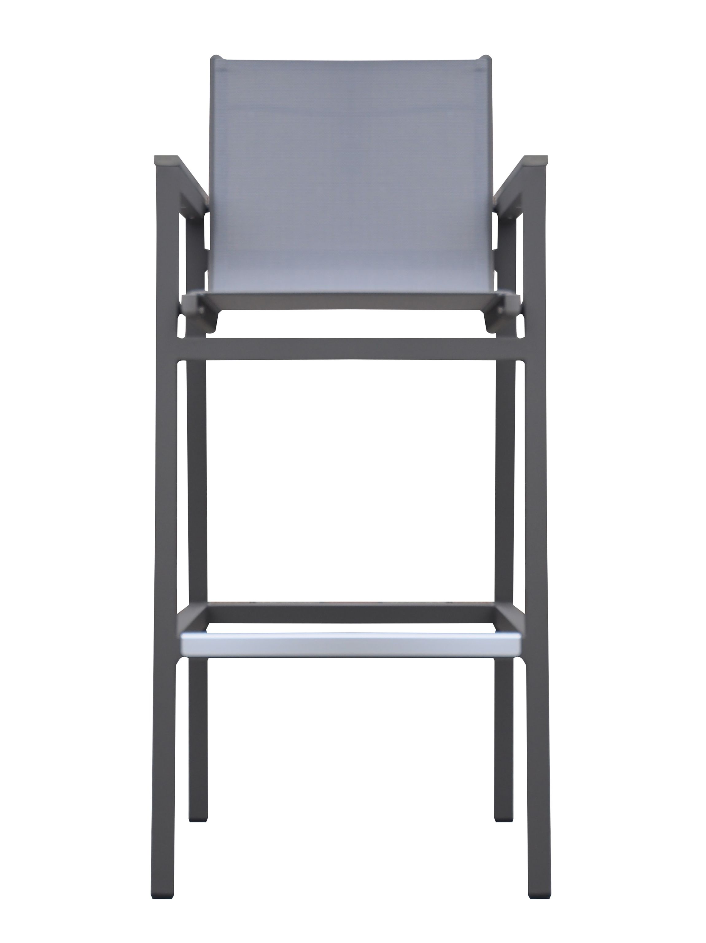 Marina Outdoor Patio Barstool in Gray Powder Coated Finish with Gray Sling Textilene and Gray Wood Accent Arms