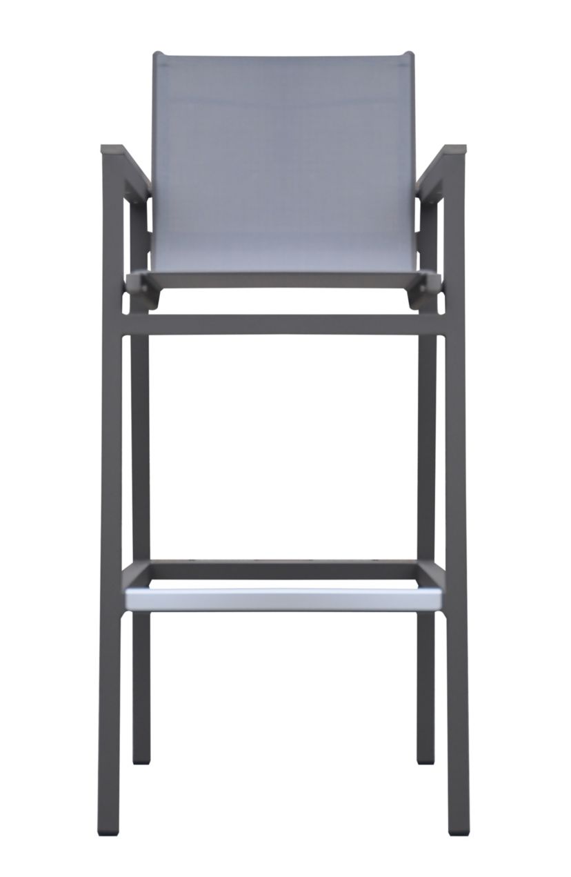 Marina Outdoor Patio Barstool in Gray Powder Coated Finish with Gray Sling Textilene and Gray Wood Accent Arms