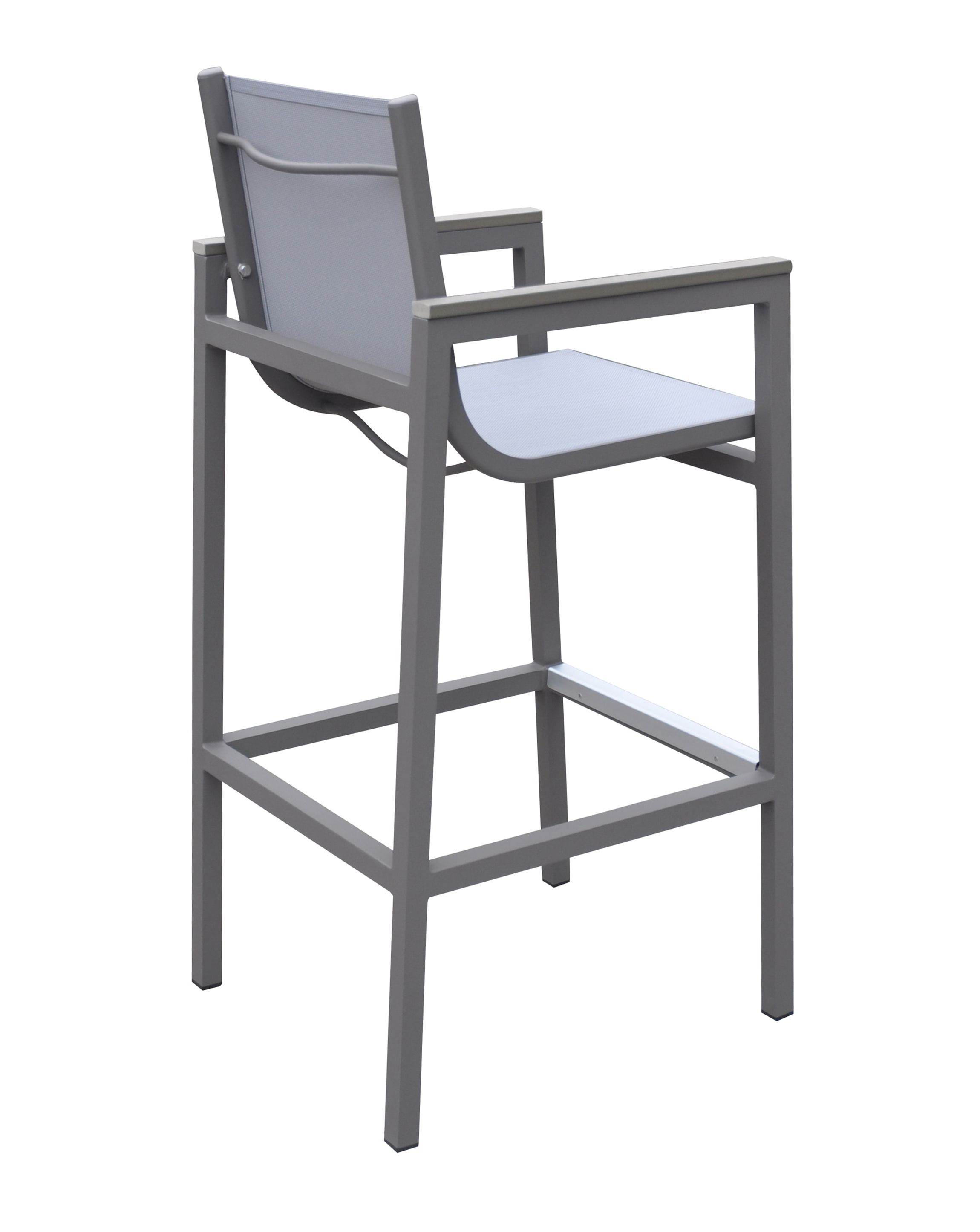 Marina Outdoor Patio Barstool in Gray Powder Coated Finish with Gray Sling Textilene and Gray Wood Accent Arms