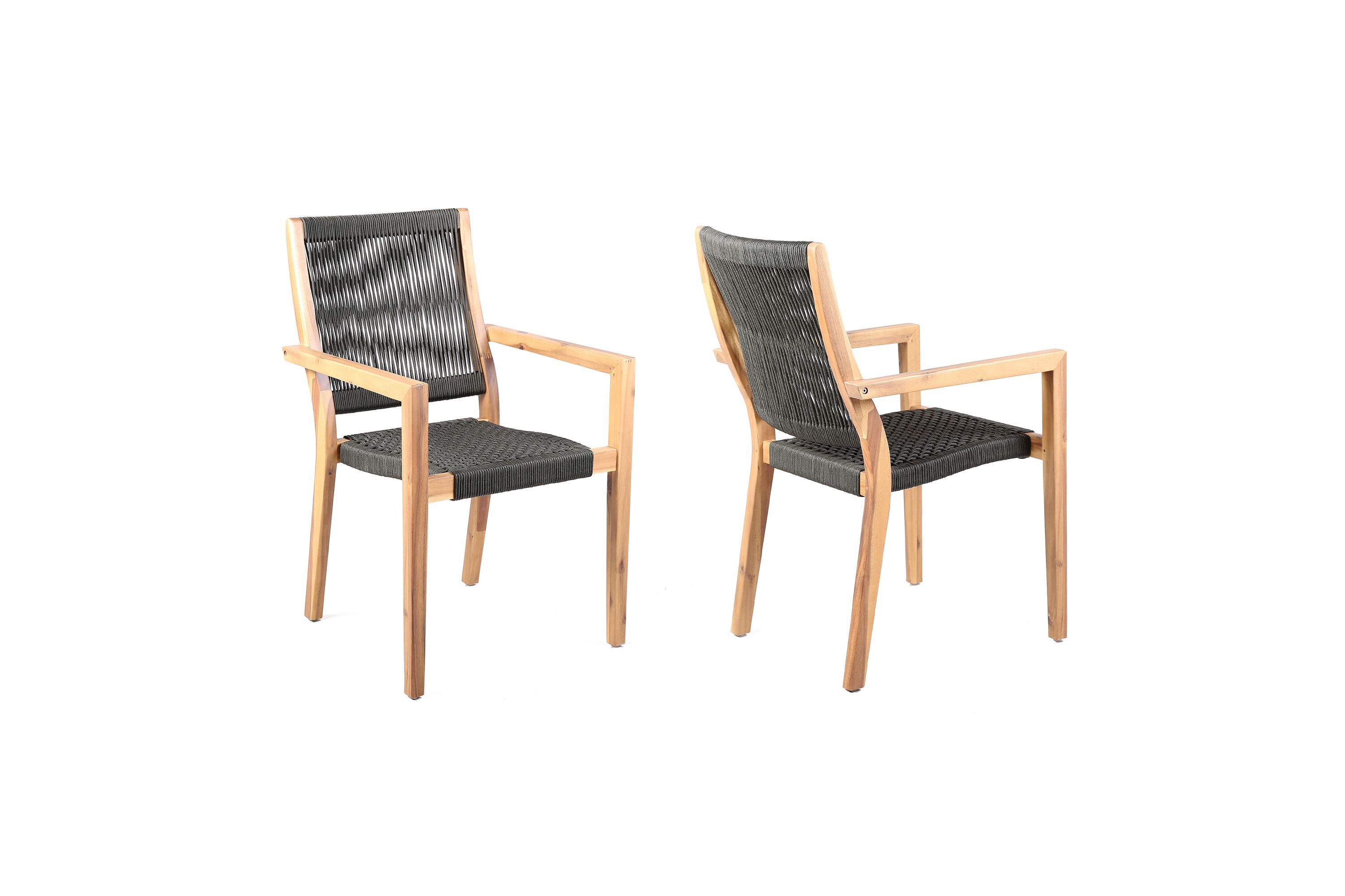 Madsen Outdoor Eucalyptus Wood and Charcoal Rope Dining Chairs with Gray Teak Finish - Set of 2