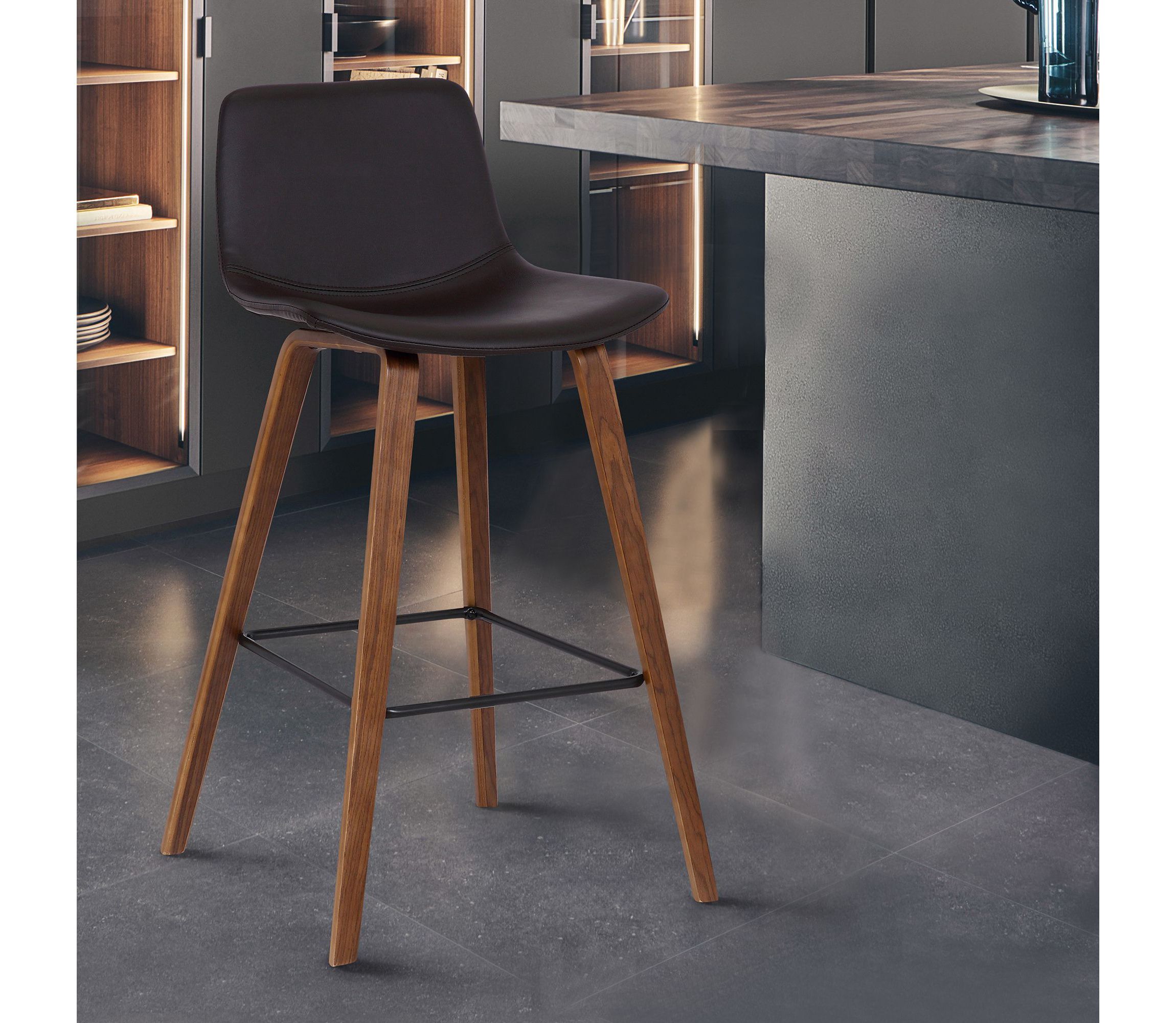 Maddie Contemporary 26" Barstool in Walnut Wood Finish and Brown Faux Leather