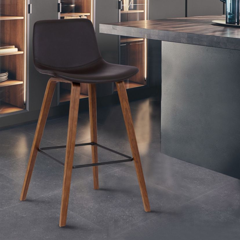 Maddie Contemporary 26" Barstool in Walnut Wood Finish and Brown Faux Leather