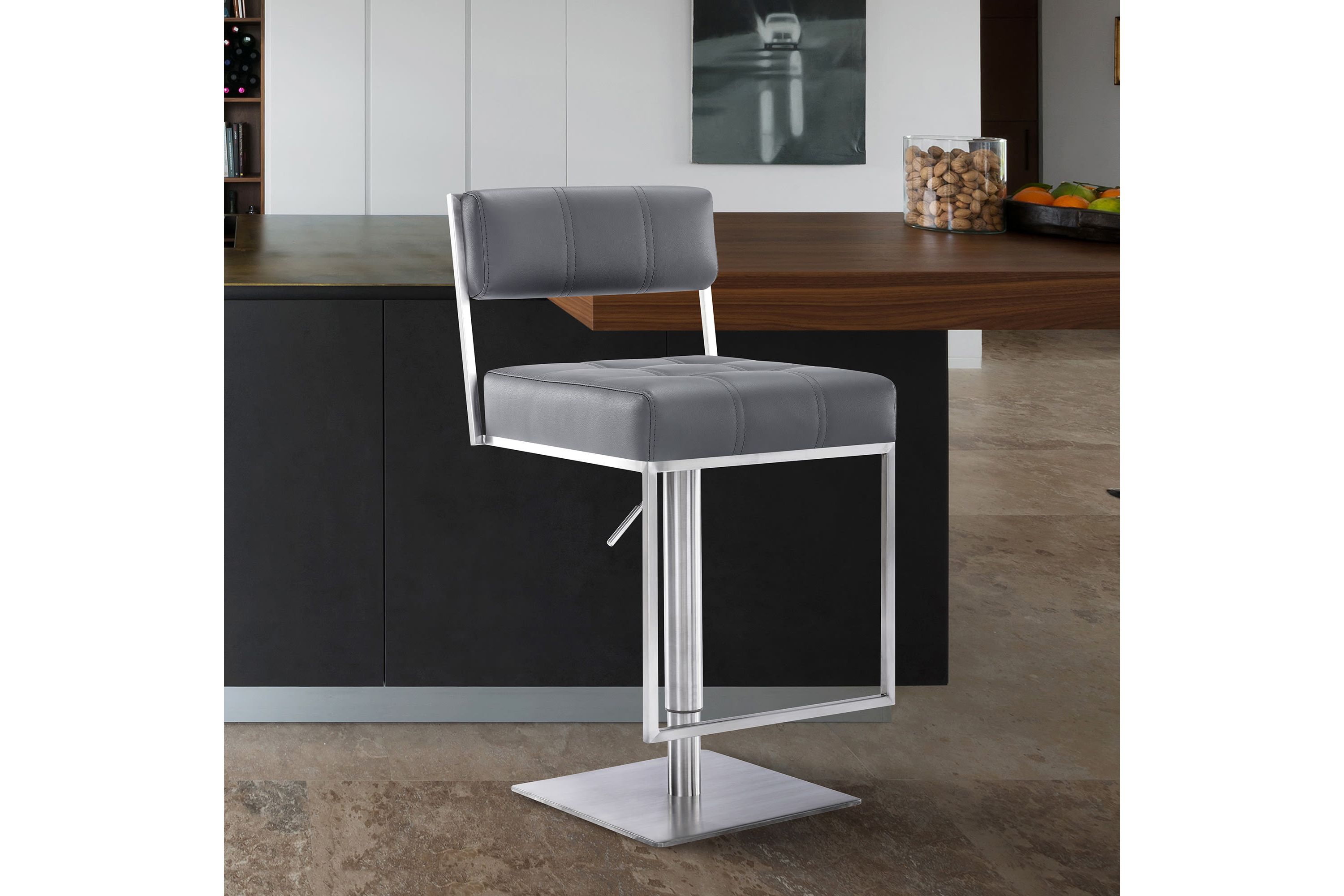 Michele Swivel Adjustable Height Gray Faux Leather and Brushed Stainless Steel Bar Stool