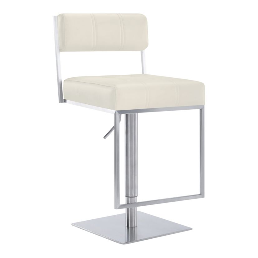 Michele Swivel Adjustable Height Off-White Faux Leather and Brushed Stainless Steel Bar Stool
