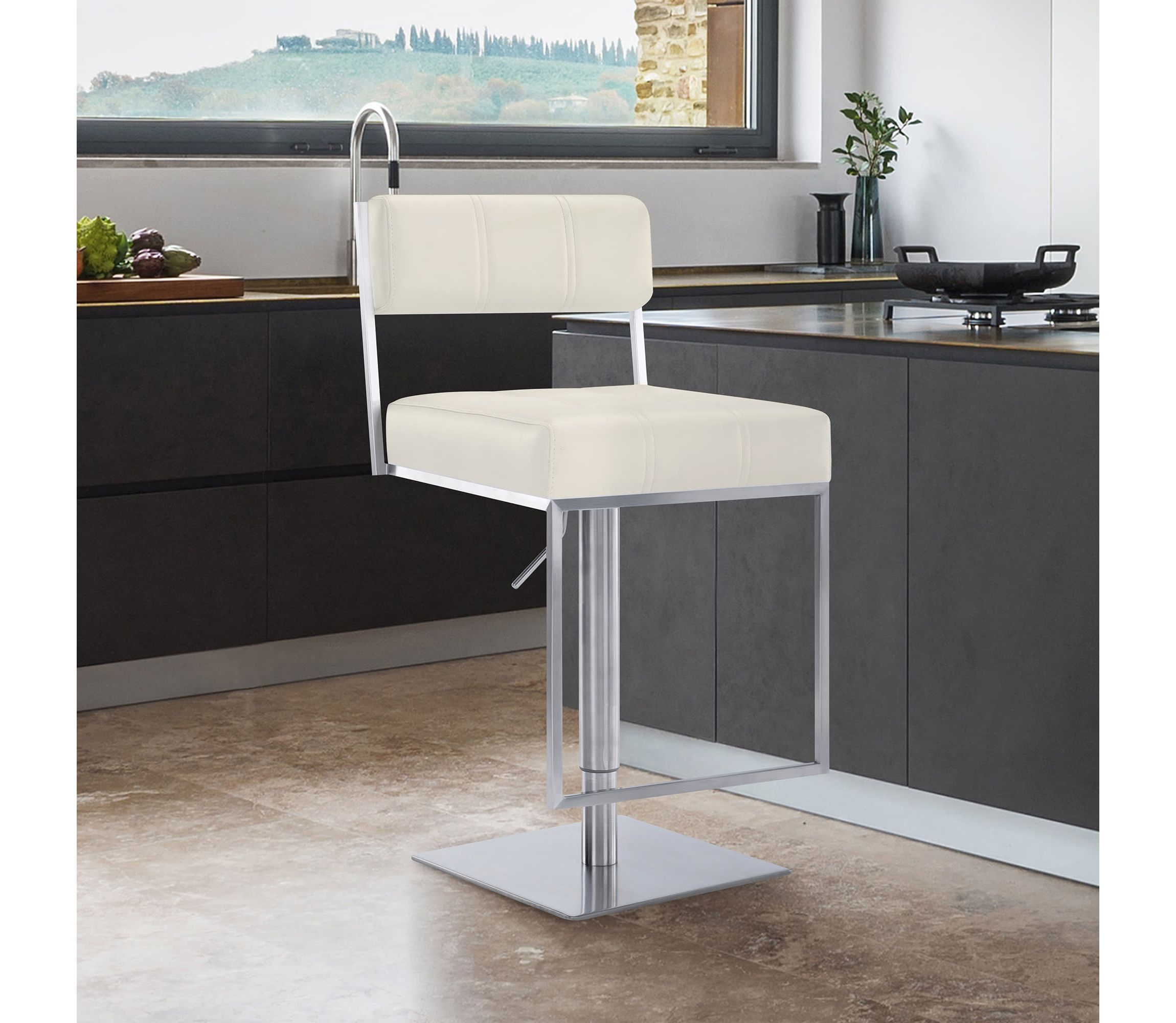 Michele Swivel Adjustable Height Off-White Faux Leather and Brushed Stainless Steel Bar Stool