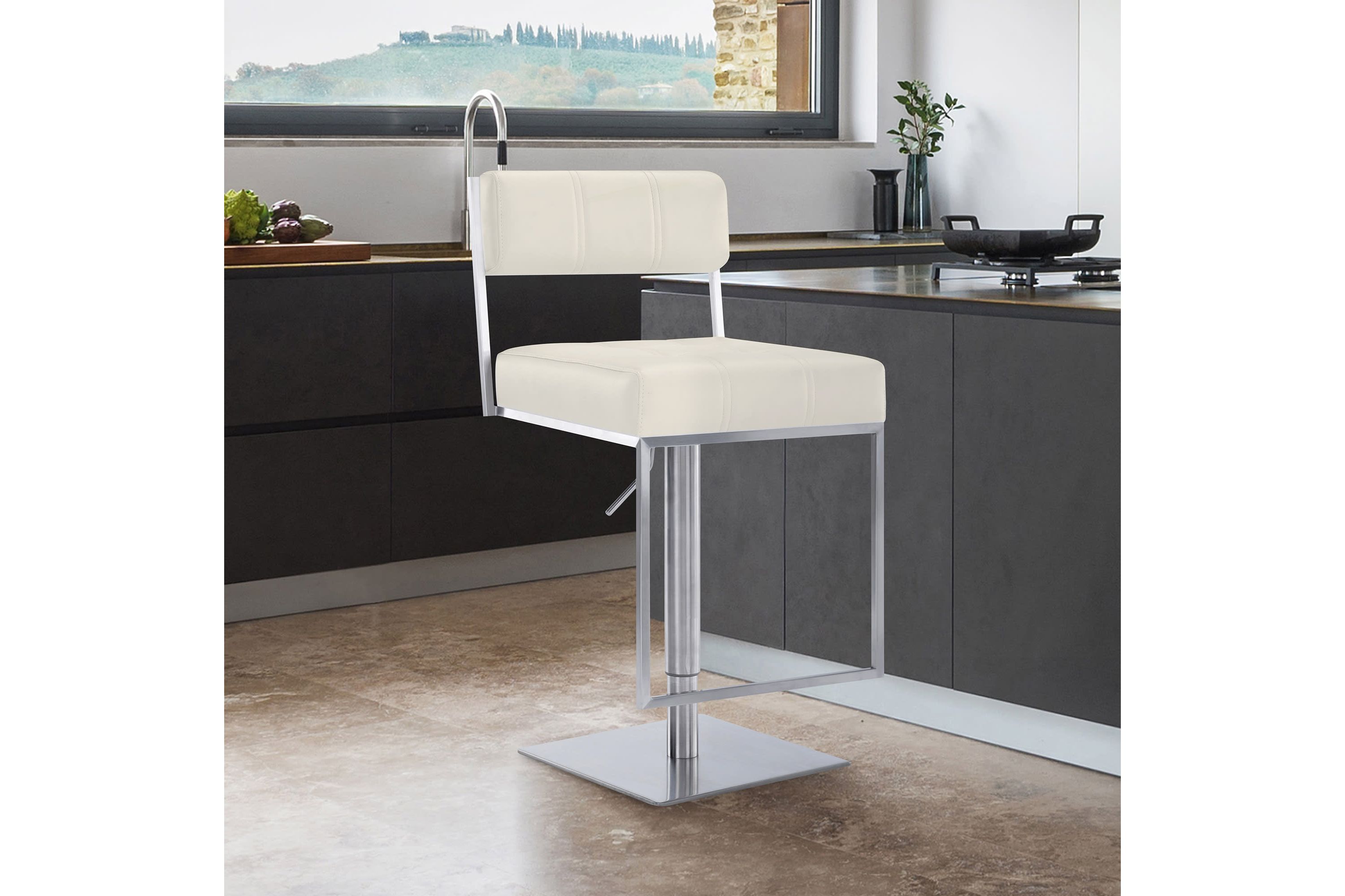 Michele Swivel Adjustable Height Off-White Faux Leather and Brushed Stainless Steel Bar Stool