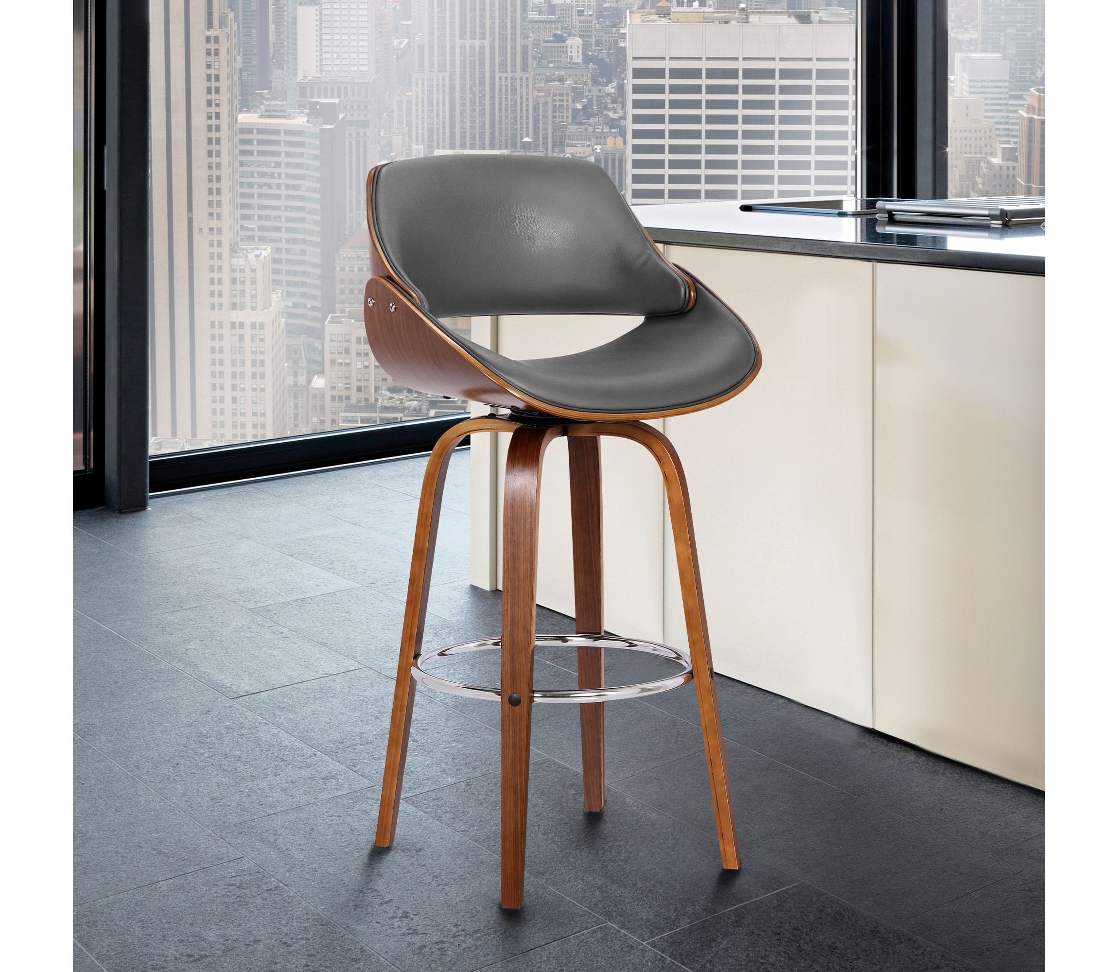 Mona 26" Counter Height Swivel Gray Faux Leather and Walnut Wood Bar Stool