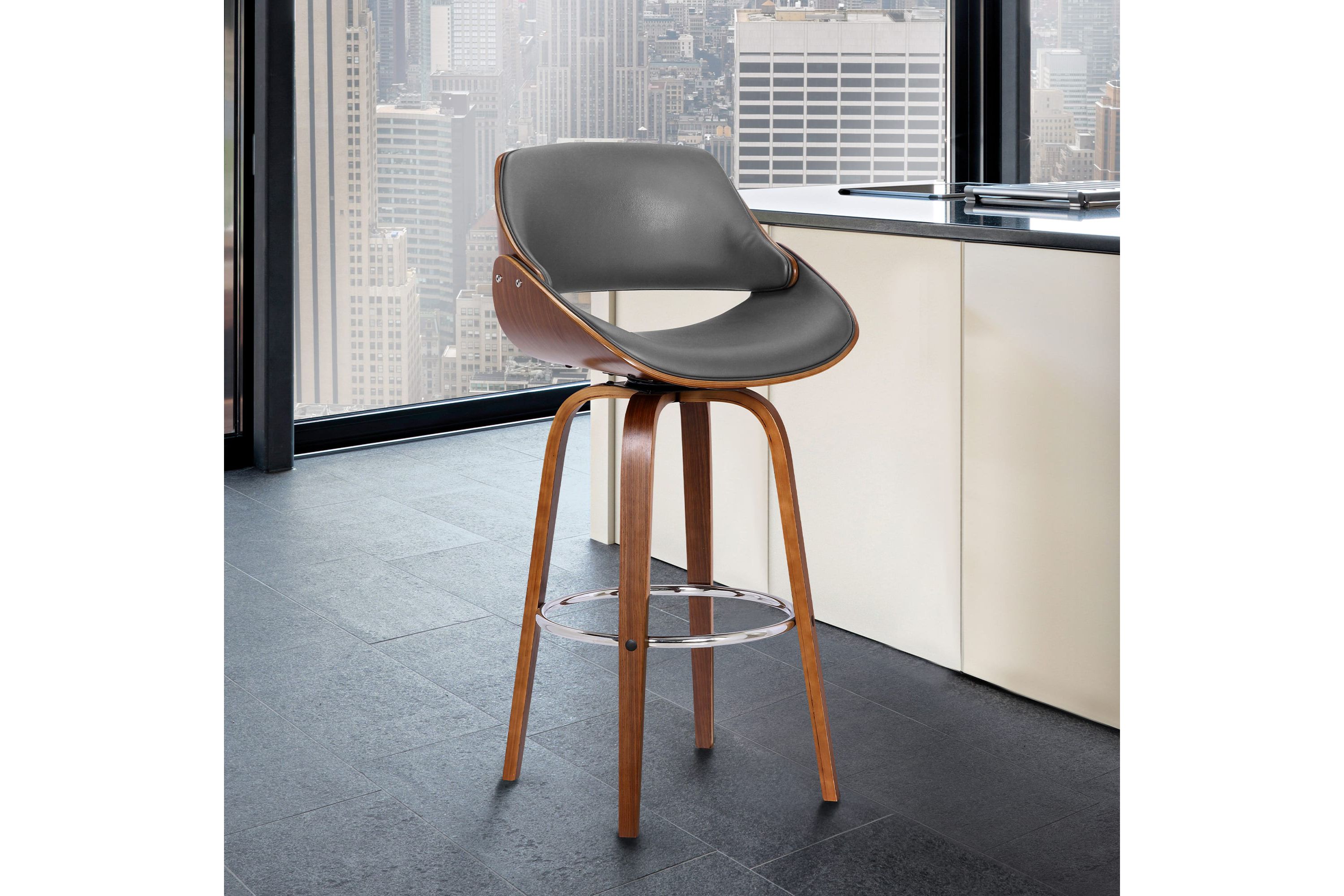 Mona 26" Counter Height Swivel Gray Faux Leather and Walnut Wood Bar Stool