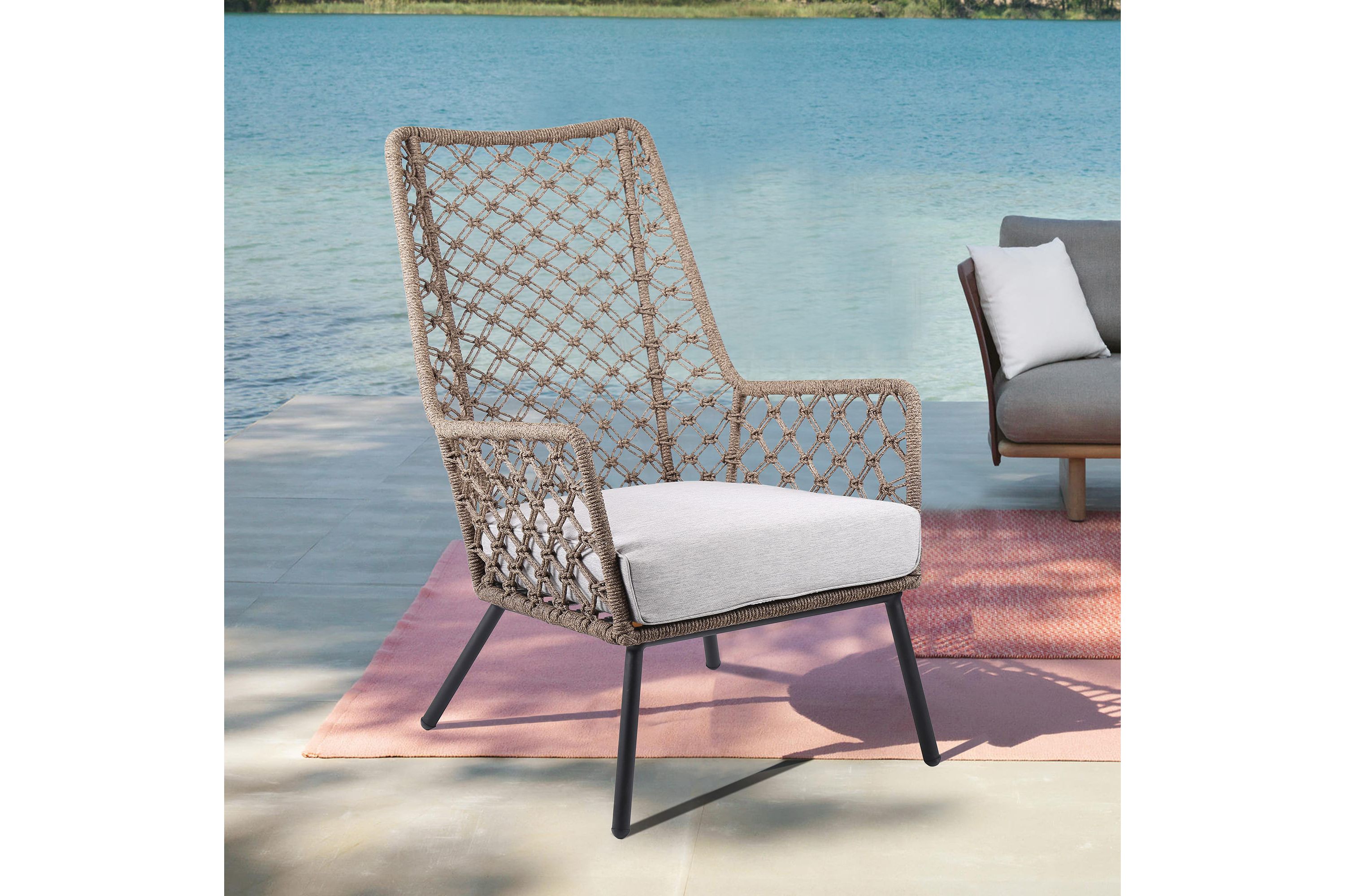 Marco Indoor Outdoor Steel Lounge Chair with Truffle Rope and Gray Cushion
