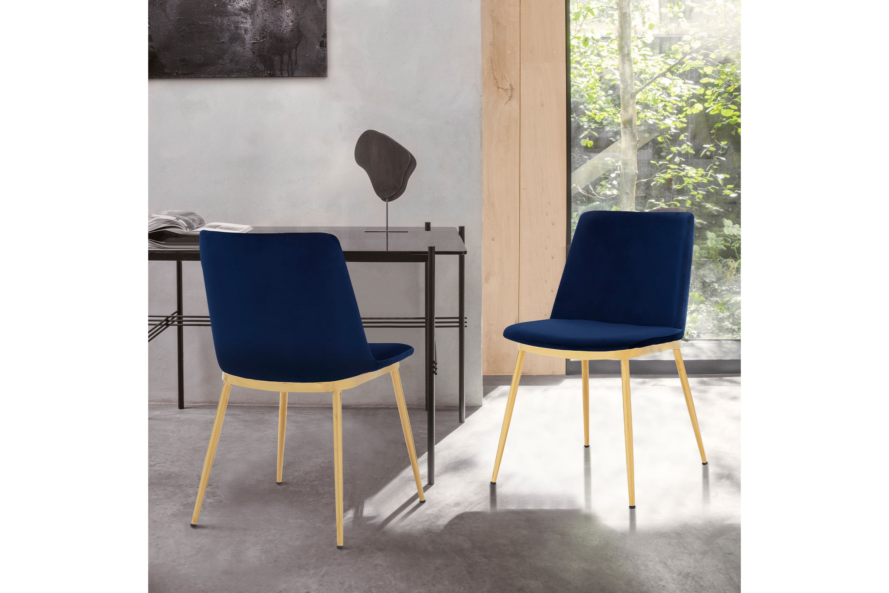 Messina Modern Blue Velvet and Gold Metal Leg Dining Room Chairs - Set of 2