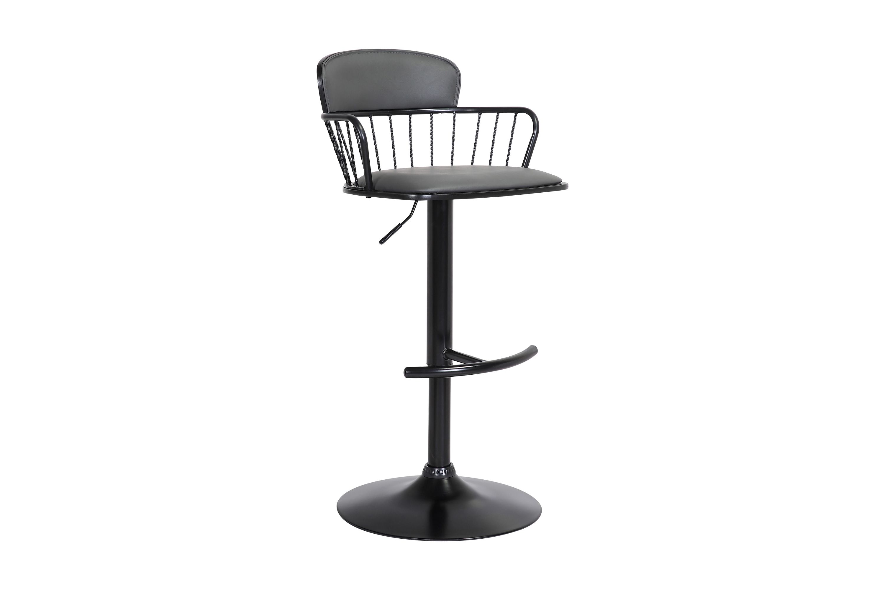 Nash Adjustable Black Wood Bar Stool in Gray Faux Leather with Black Metal