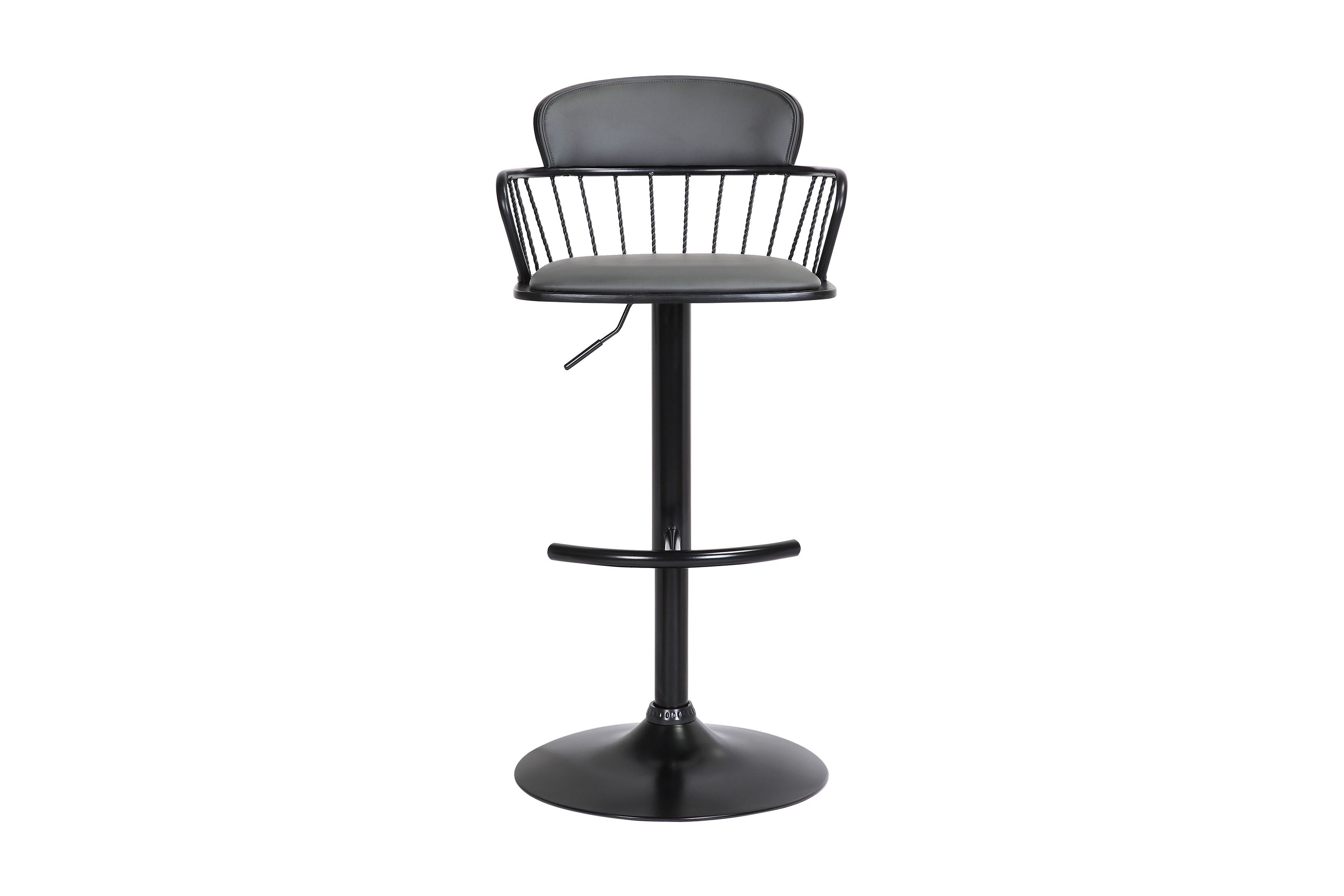 Nash Adjustable Black Wood Bar Stool in Gray Faux Leather with Black Metal