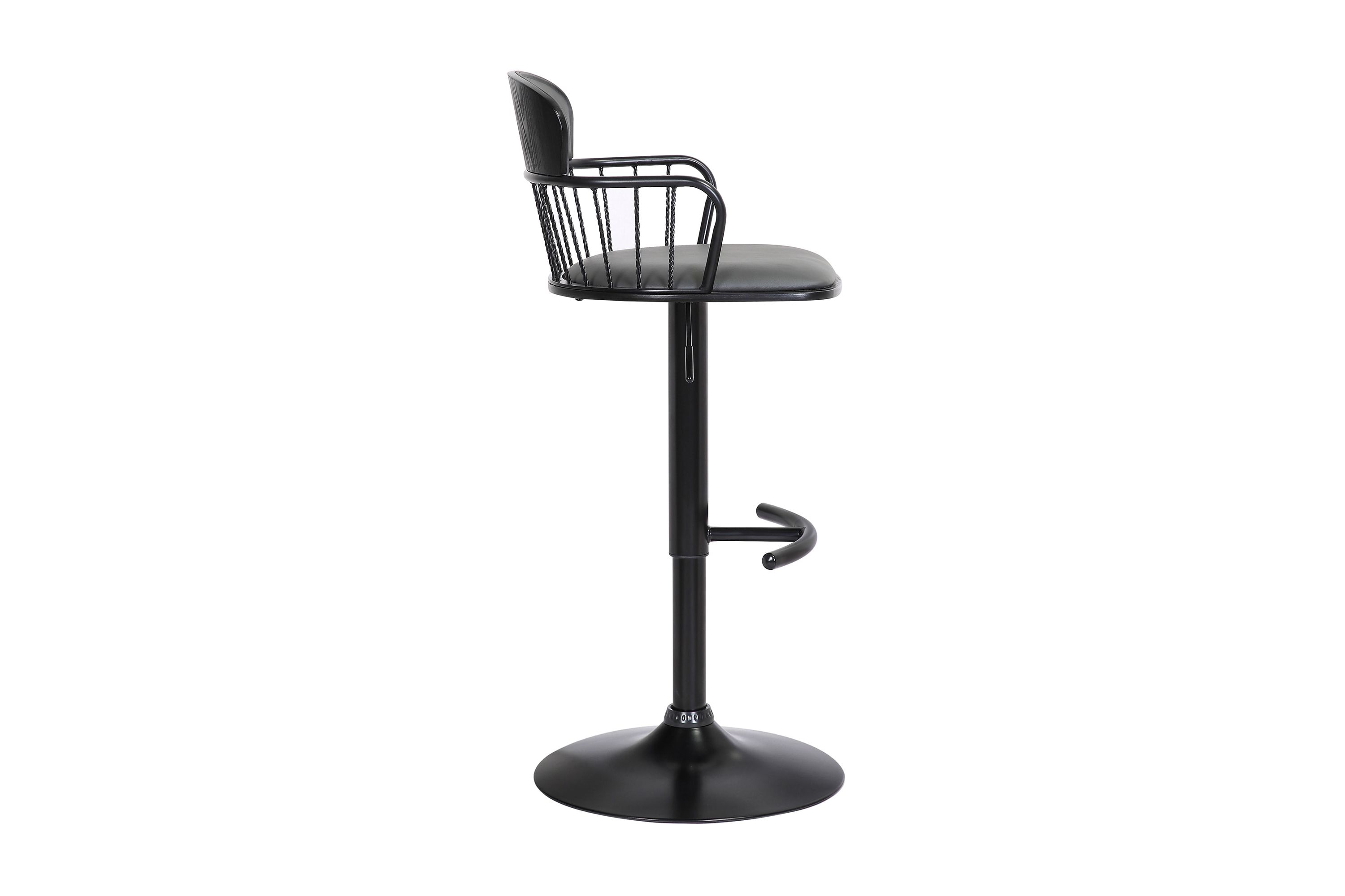 Nash Adjustable Black Wood Bar Stool in Gray Faux Leather with Black Metal