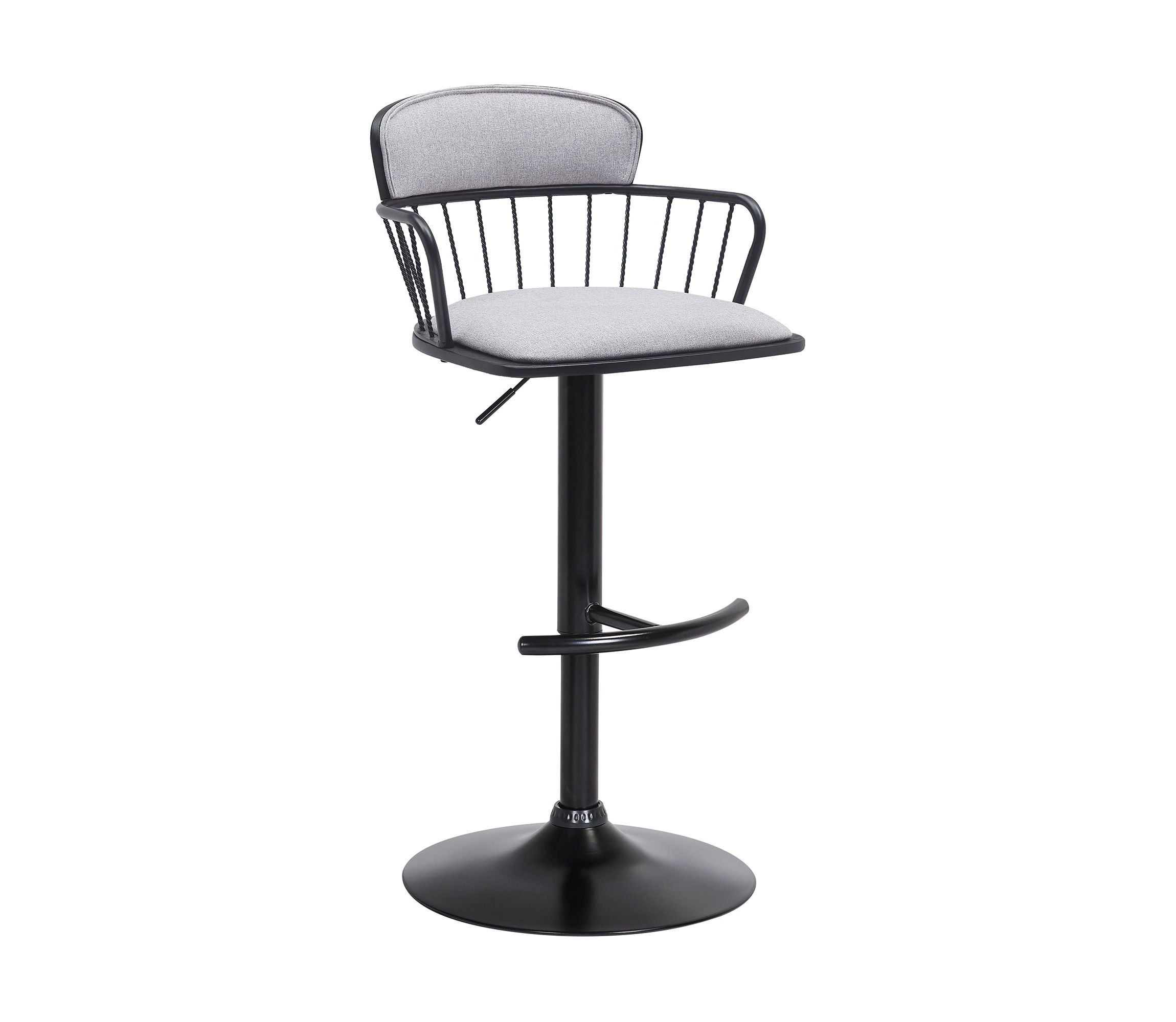 Nash Adjustable Black Wood Bar Stool in Light Gray Fabric with Black Metal