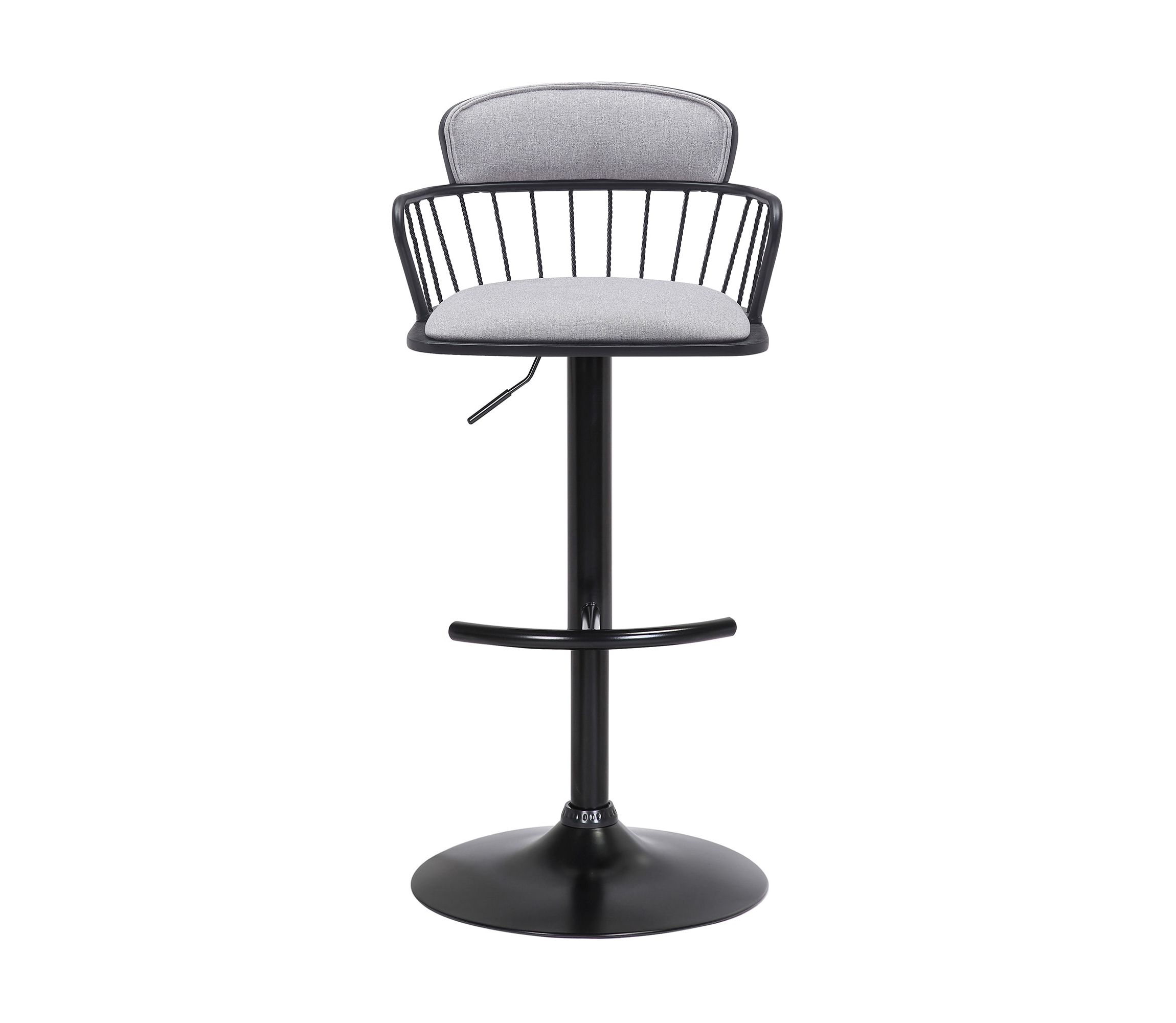 Nash Adjustable Black Wood Bar Stool in Light Gray Fabric with Black Metal
