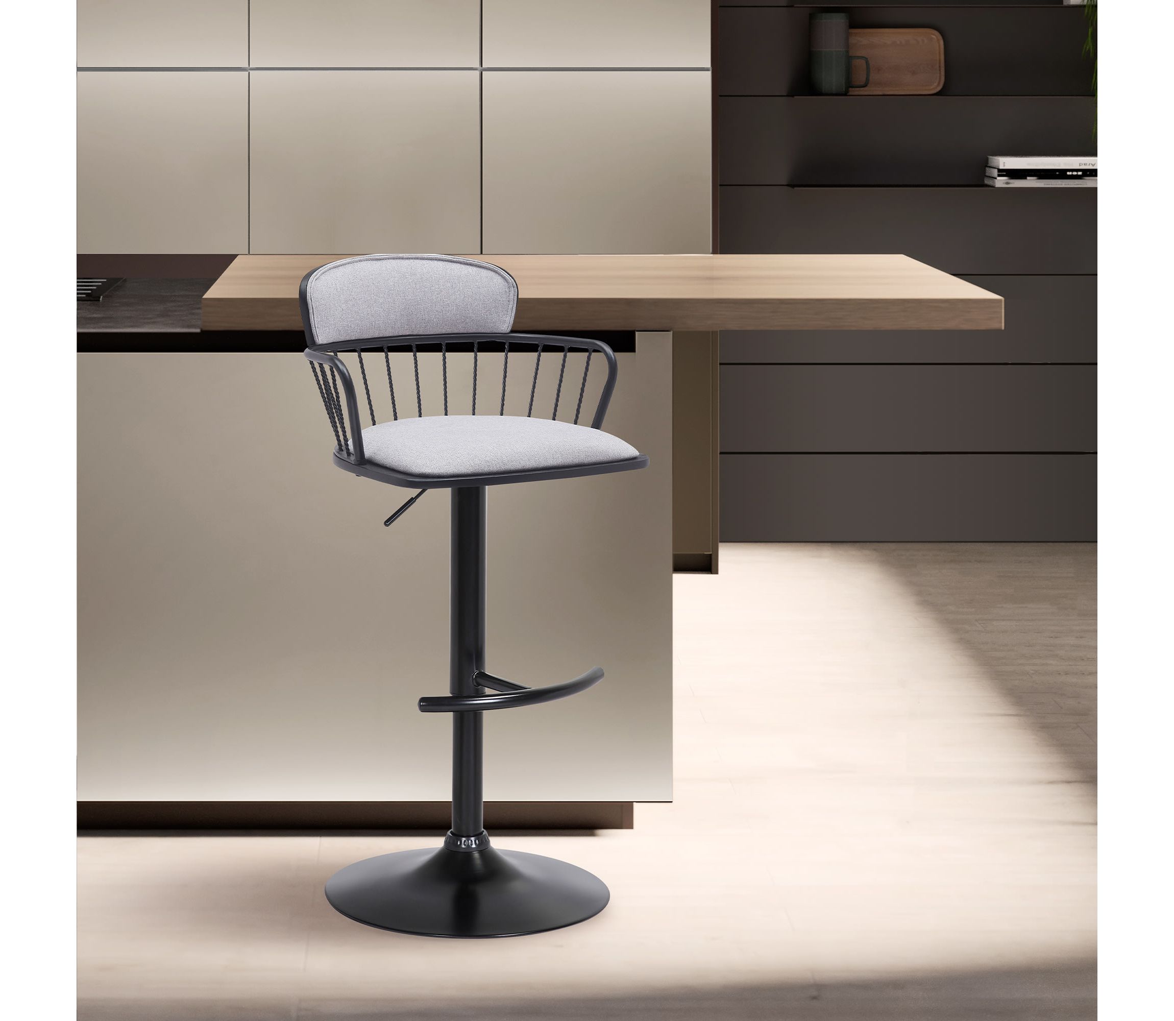 Nash Adjustable Black Wood Bar Stool in Light Gray Fabric with Black Metal