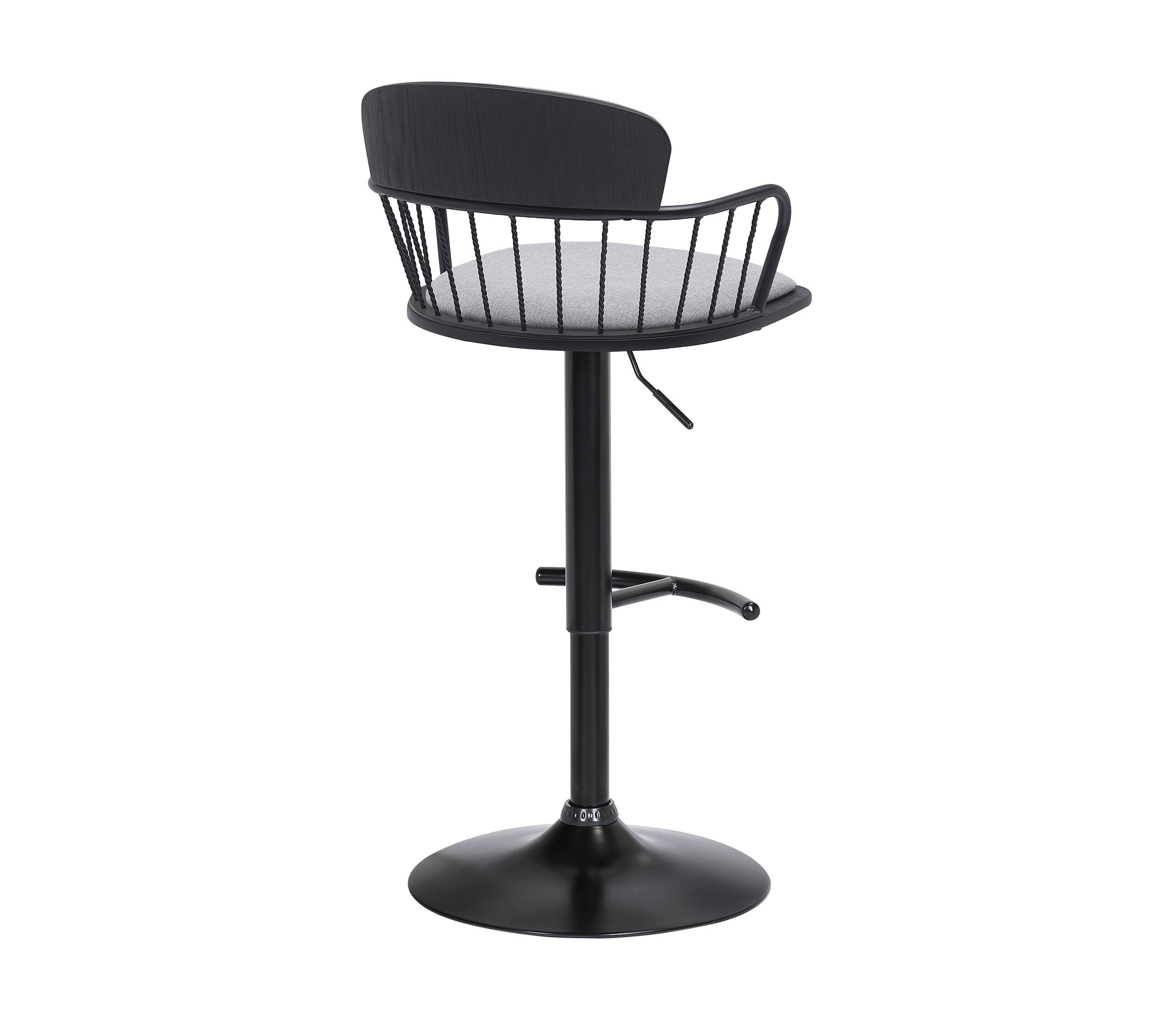 Nash Adjustable Black Wood Bar Stool in Light Gray Fabric with Black Metal