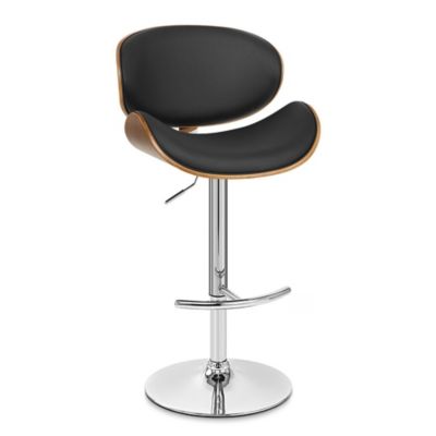 Armen Living Naples Black Faux Leather Adjustable Height Swivel Walnut Wood and Chrome Base Bar Stool