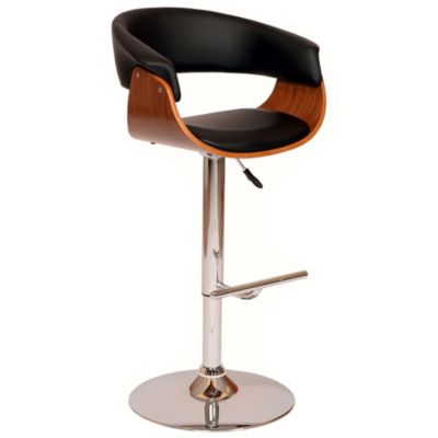 Armen Living Paris Black Faux Leather Adjustable Height Swivel Walnut Wood and Chrome Bar Stool