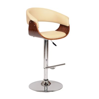 Armen Living Paris Cream Faux Leather Adjustable Height Swivel Walnut Wood and Chrome Bar Stool