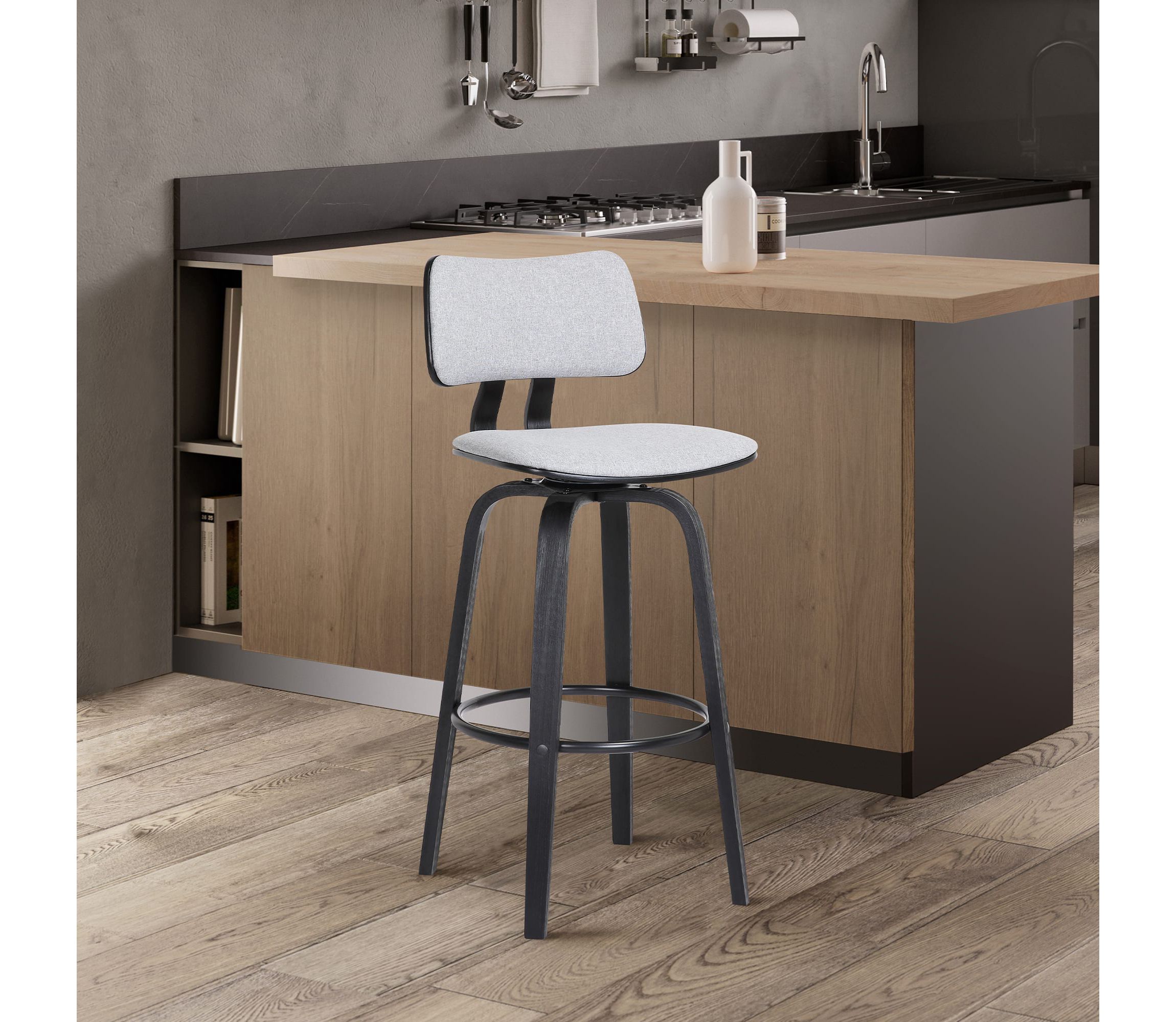 Pico 30" Swivel Black Wood Bar Stool in Light Gray Fabric with Black Metal