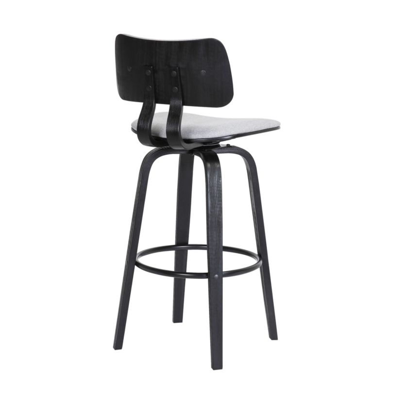 Pico 30" Swivel Black Wood Bar Stool in Light Gray Fabric with Black Metal