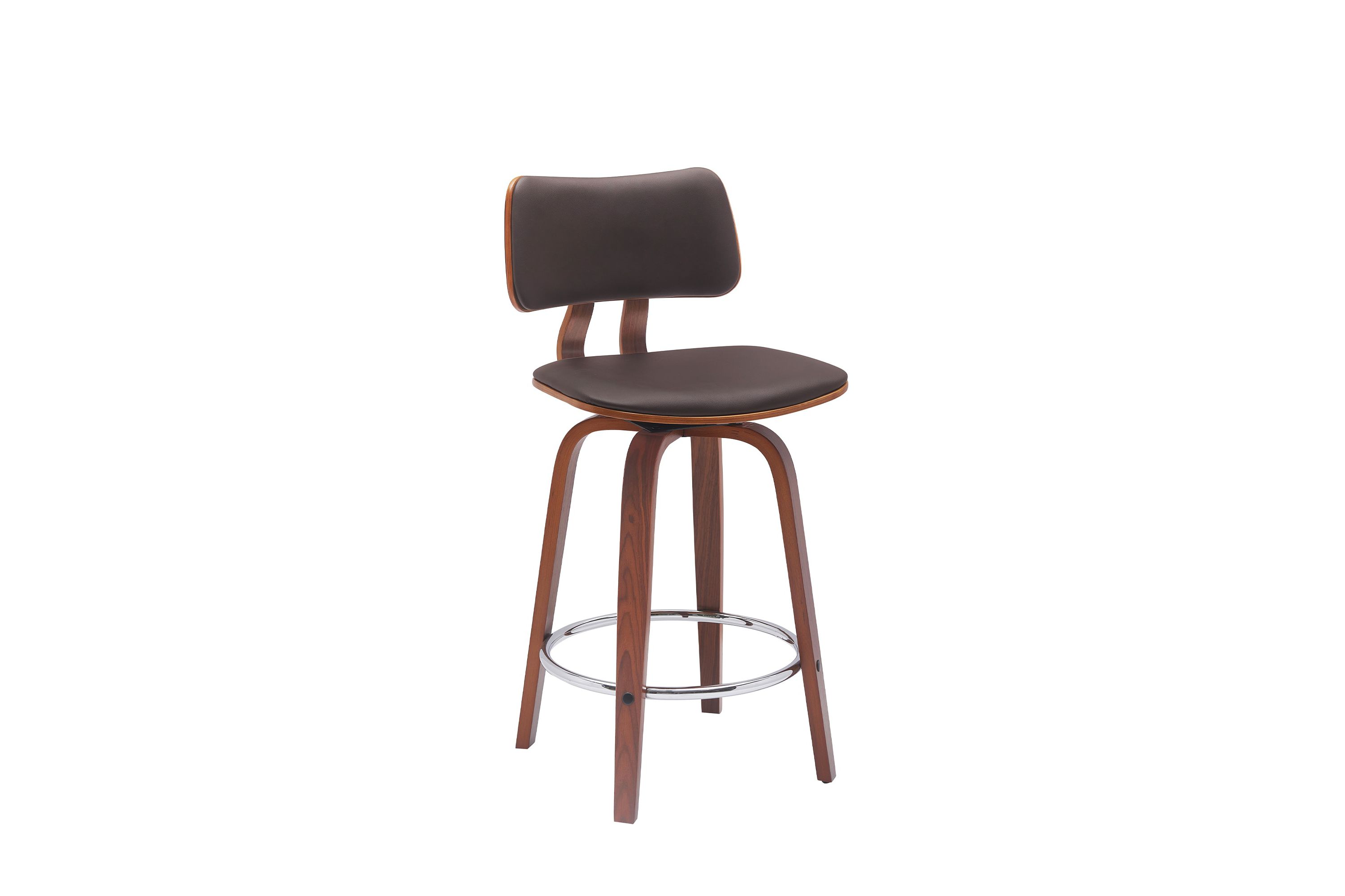 Pico 26" Swivel Walnut Wood Counter Stool in Brown Faux Leather with Chrome