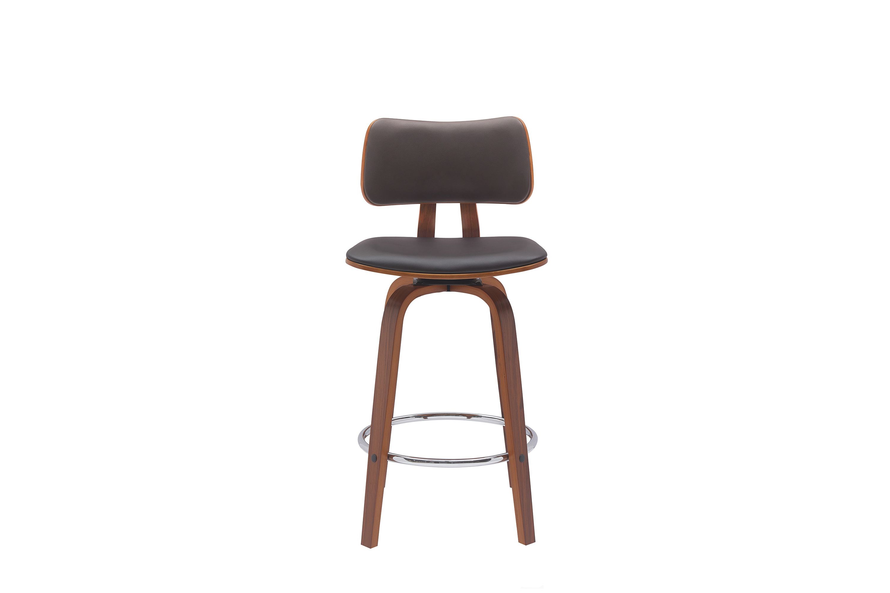 Pico 26" Swivel Walnut Wood Counter Stool in Brown Faux Leather with Chrome