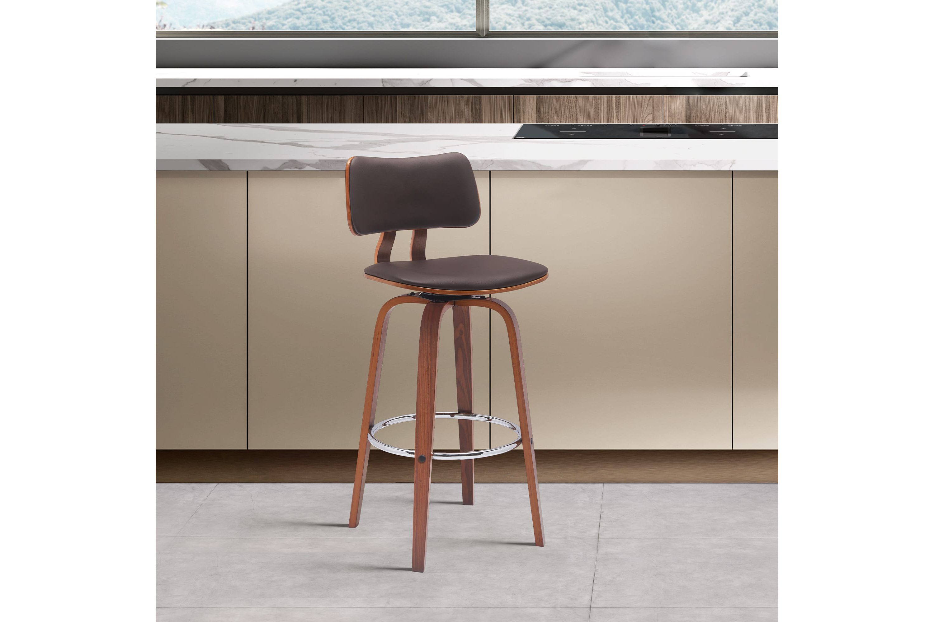 Pico 26" Swivel Walnut Wood Counter Stool in Brown Faux Leather with Chrome