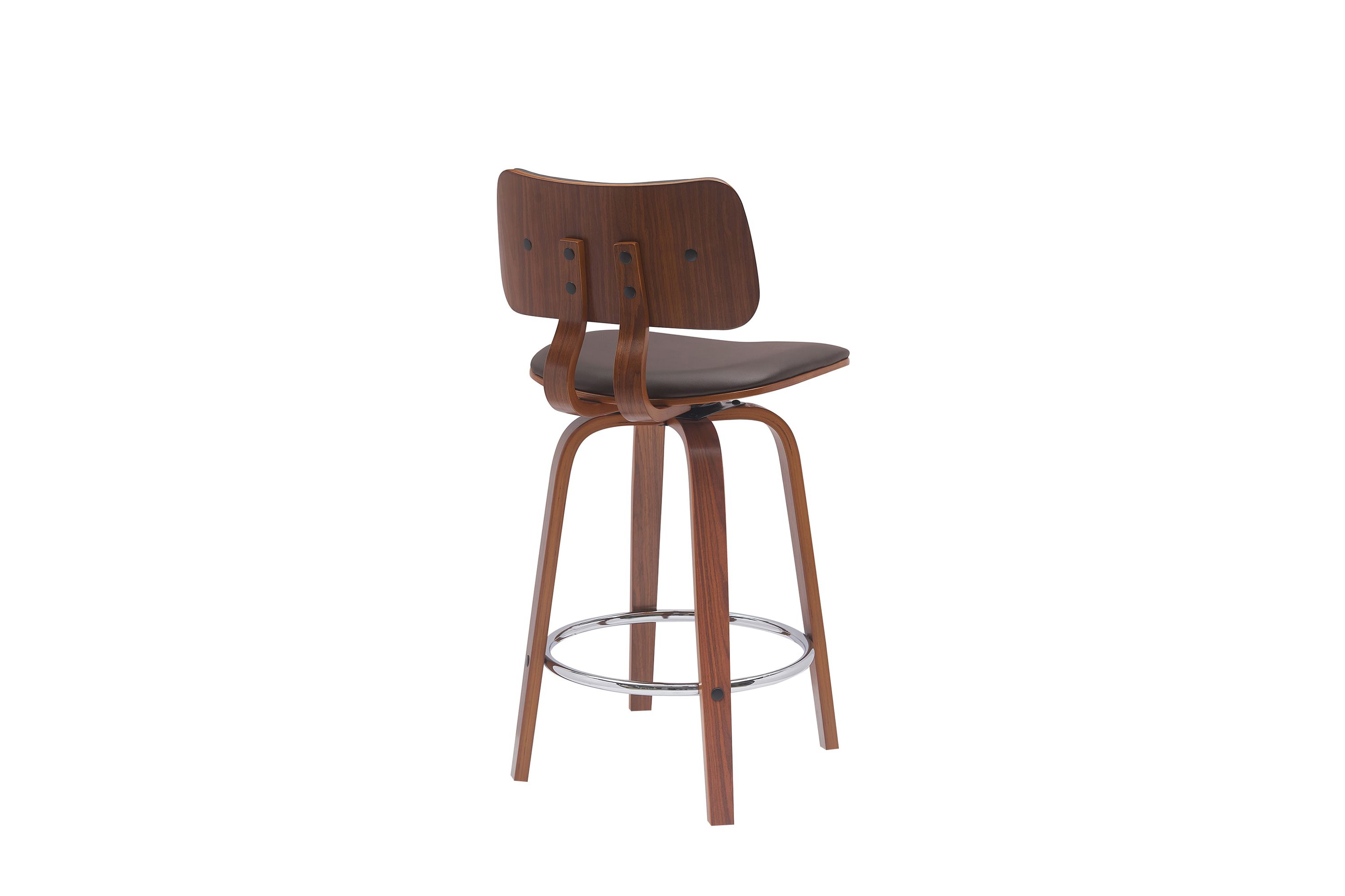 Pico 26" Swivel Walnut Wood Counter Stool in Brown Faux Leather with Chrome